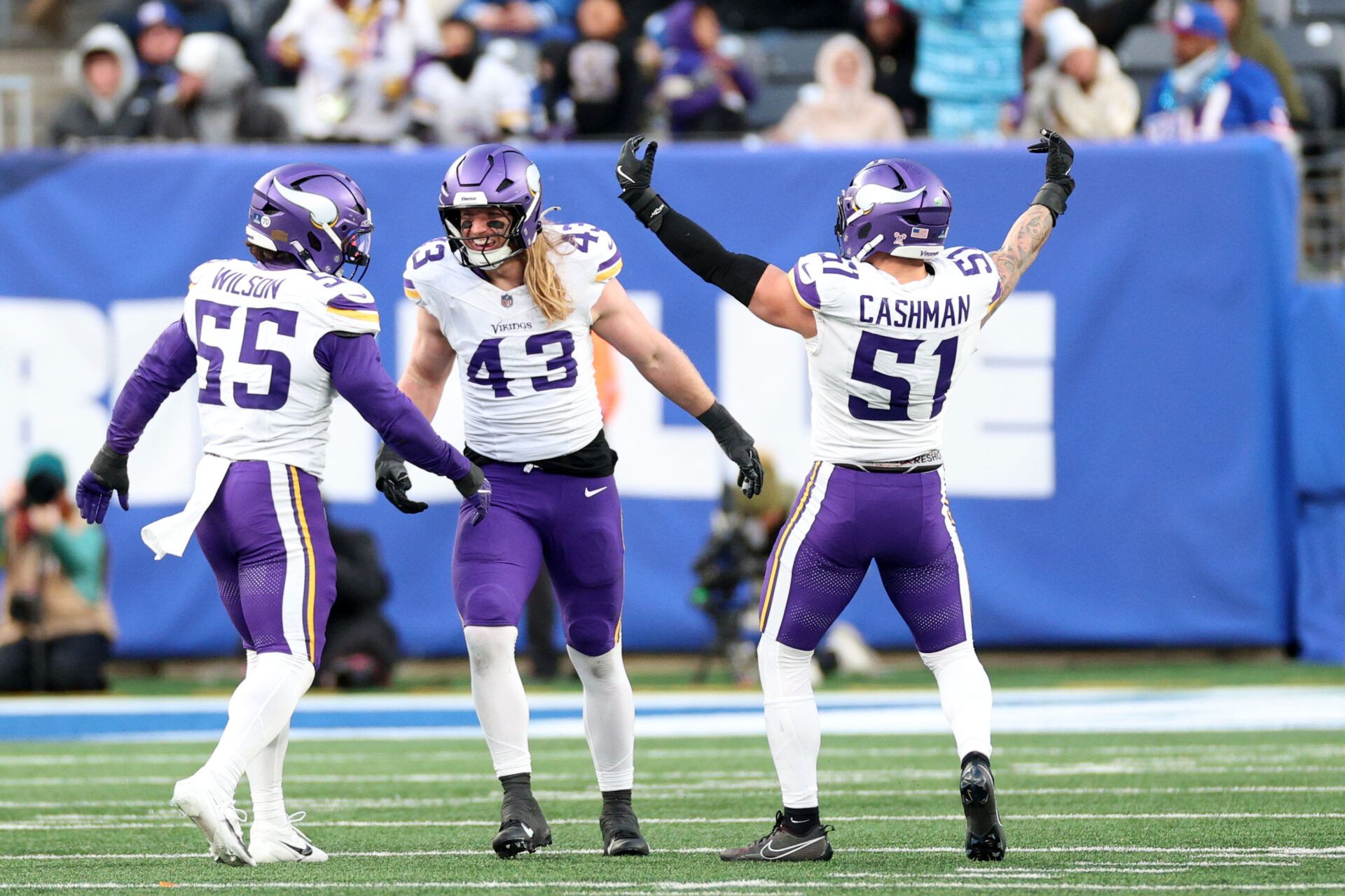 Minnesota Vikings outside linebacker Andrew van Ginkel (43) reacts with linebacker Eric Wilson (55) and  linebacker Blake Cashman (51) after a sack against the New York Giants during the second half at MetLife Stadium.