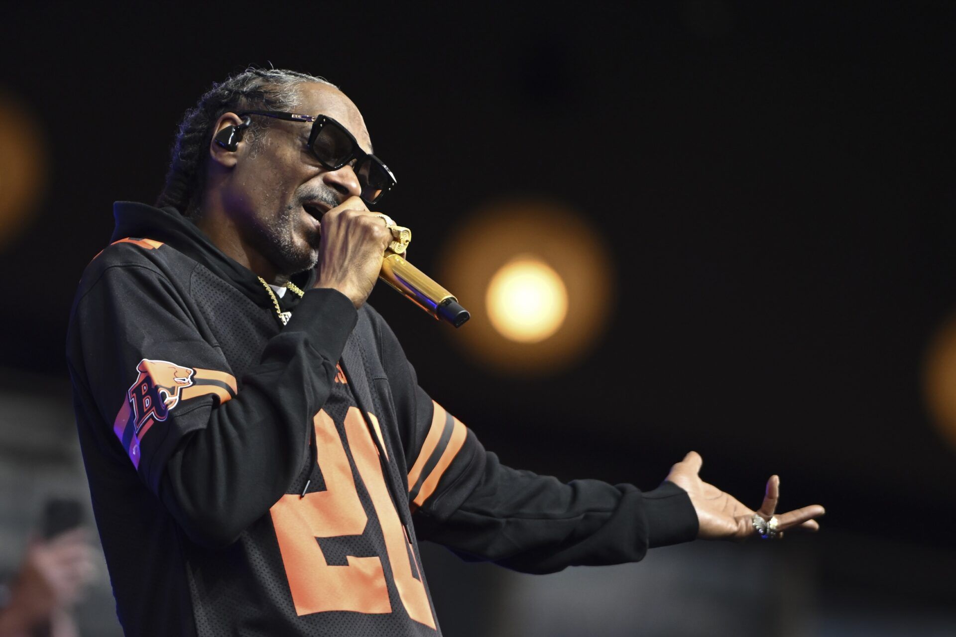 Snoop Dogg performs prior to the game between Edmonton Elks and BC Lions at BC Place Stadium.