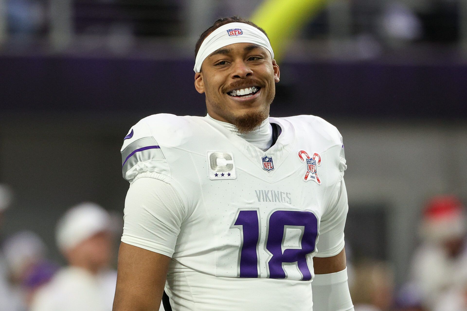 Minnesota Vikings wide receiver Justin Jefferson (18) looks on during warmups before the game against the Detroit Lions at U.S. Bank Stadium.