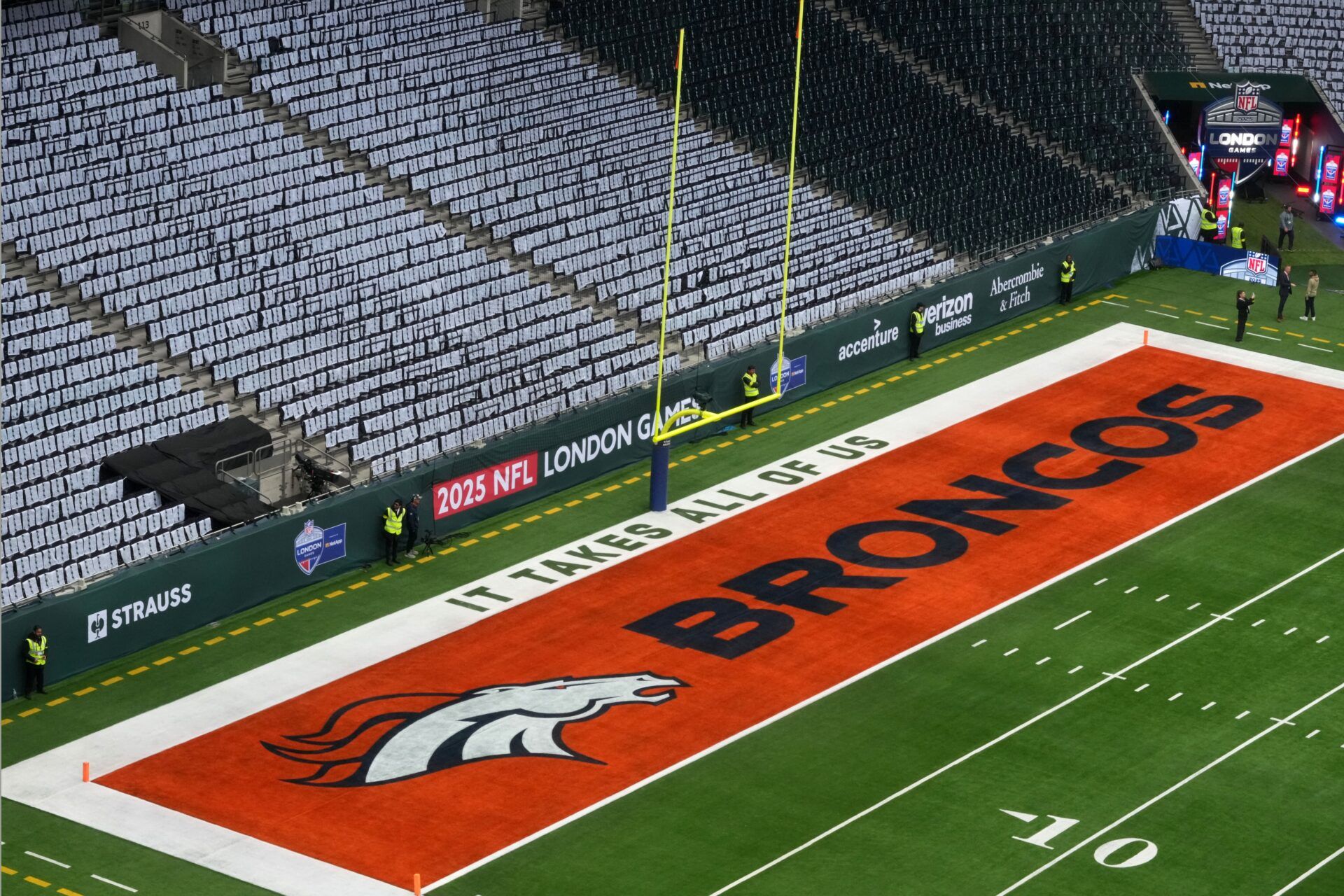 The Denver Broncos logo in the end zone during an NFL International Series game at Tottenham Hotspur Stadium.