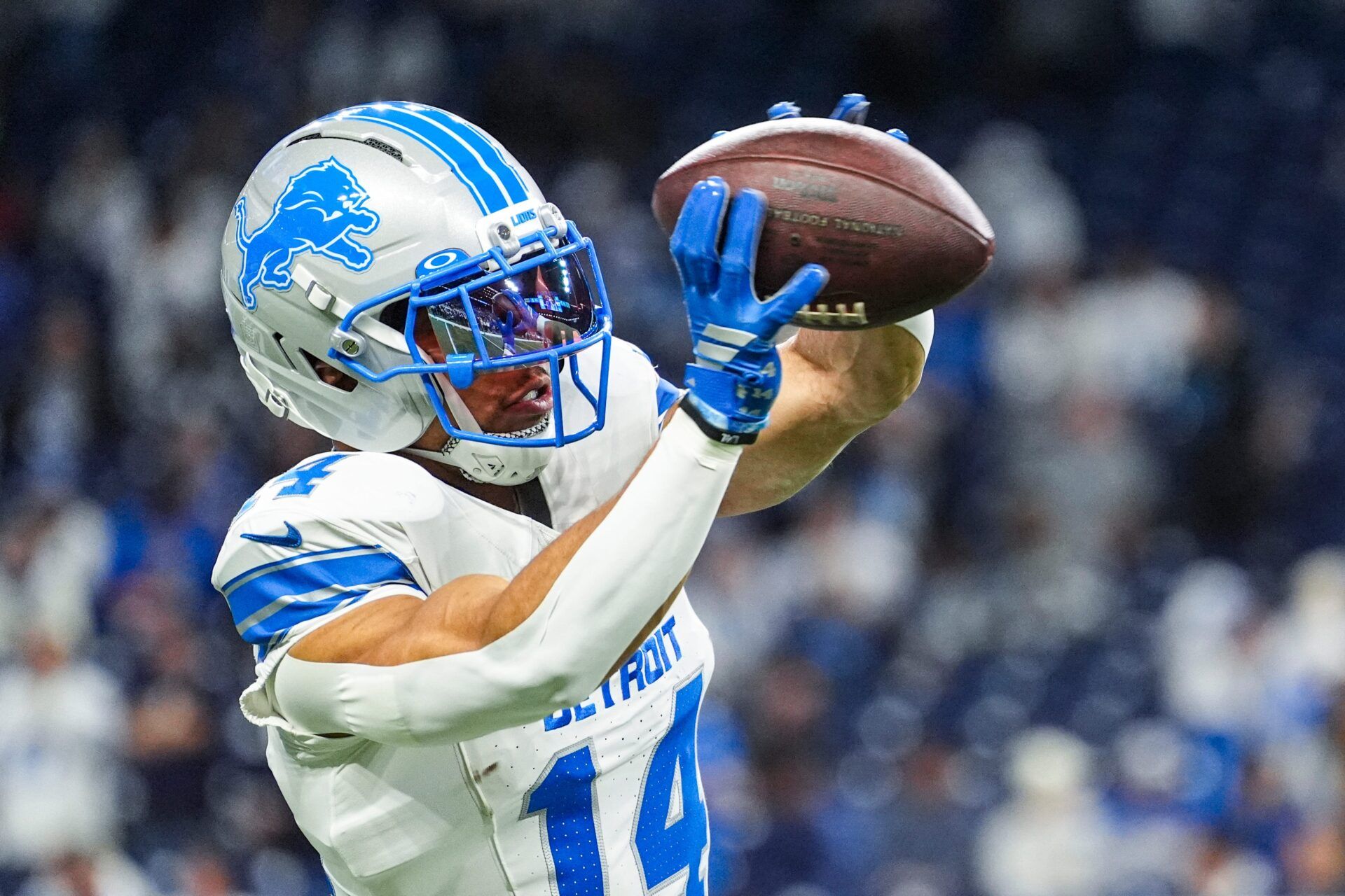 Detroit Lions wide receiver Amon-Ra St. Brown (14) warms up before the Dallas Cowboys game at Ford Field in Detroit on Thursday, Dec. 4, 2025.
