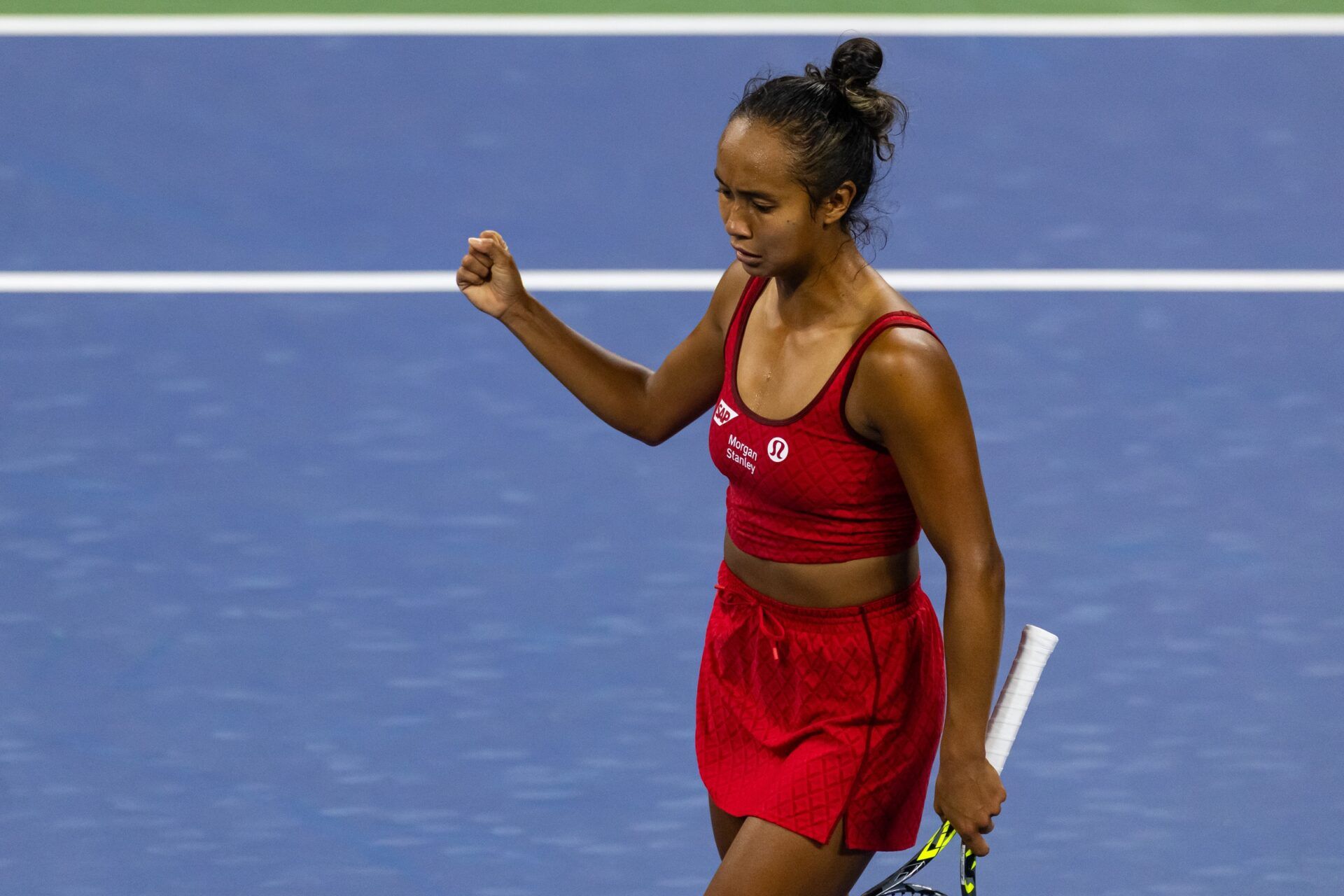Leylah Fernandez of Canada in action against Aryna Sabalenka of Belarus in the third round of the women’s singles at the US Open at Louis Armstrong Stadium in Billie Jean King National Tennis Center.