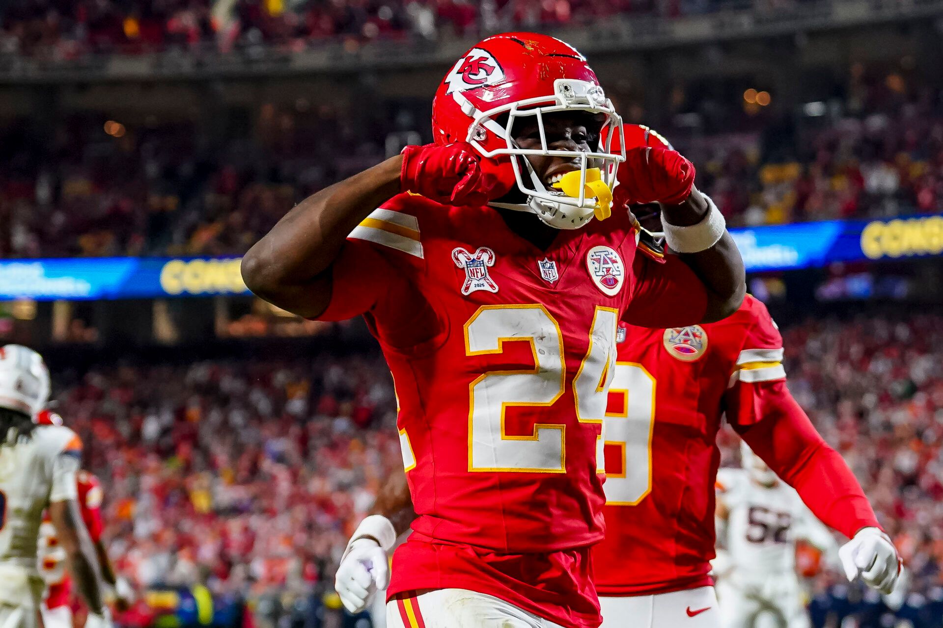 Kansas City Chiefs running back Brashard Smith (24) celebrates during the second quarter at GEHA Field at Arrowhead Stadium.
