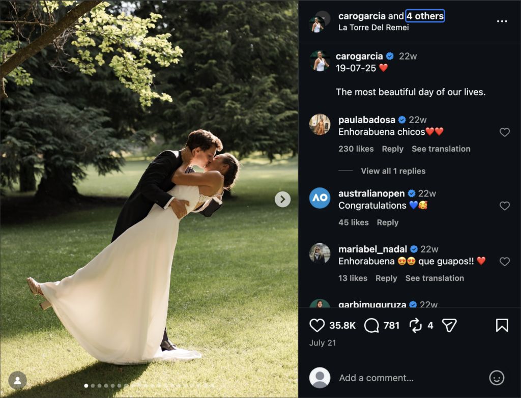 Caroline Garcia's wedding post