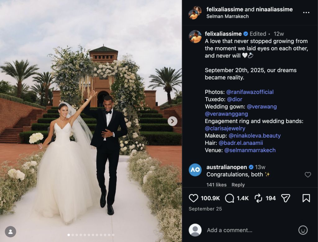 Félix Auger-Aliassime's wedding post with Nina Ghaibi