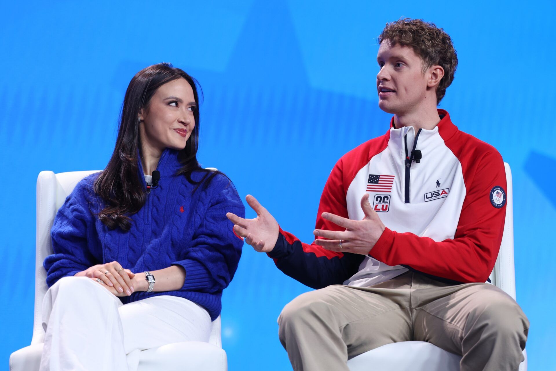 Olympic athletes Madison Chock and Evan Bates, Figure Skating, speak with media during the U.S. Olympic Team Media Summit in preparation for the 2026 Milan Olympic Winter Games at Javits Center.