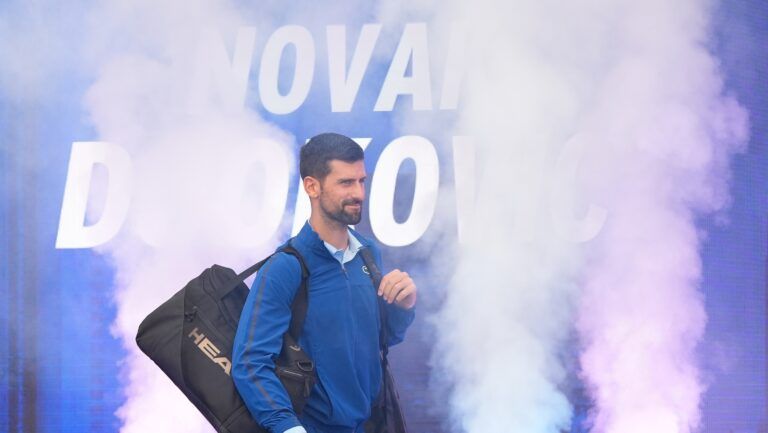 Novak Djokovic (SRB) enters to play Carlos Alcaraz (ESP) (not pictured) on day thirteen of the 2025 U.S. Open tennis tournament at the USTA Billie Jean King National Tennis Center.