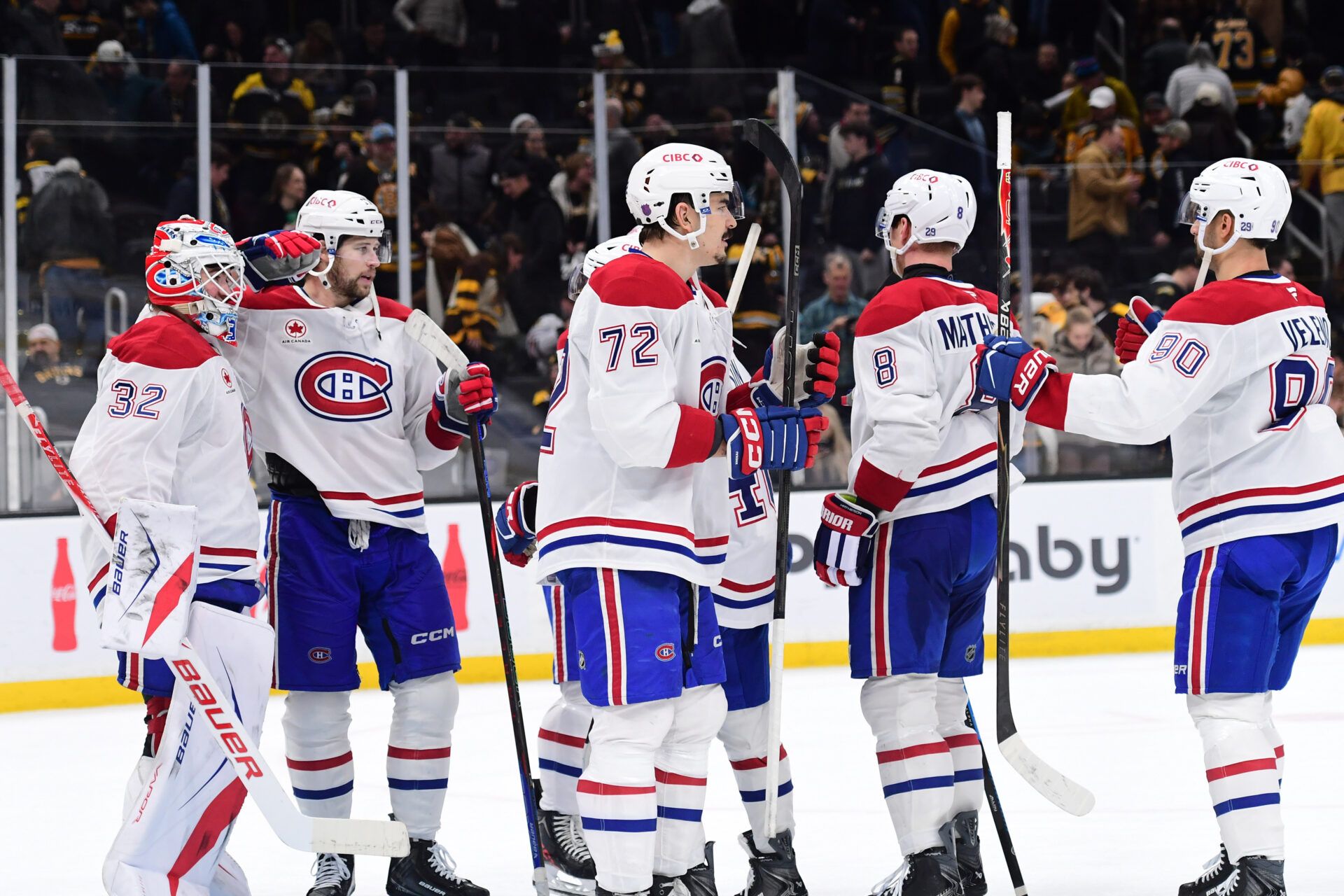 The Montreal Canadians celebrate their win over the Boston Bruins at TD Garden.
