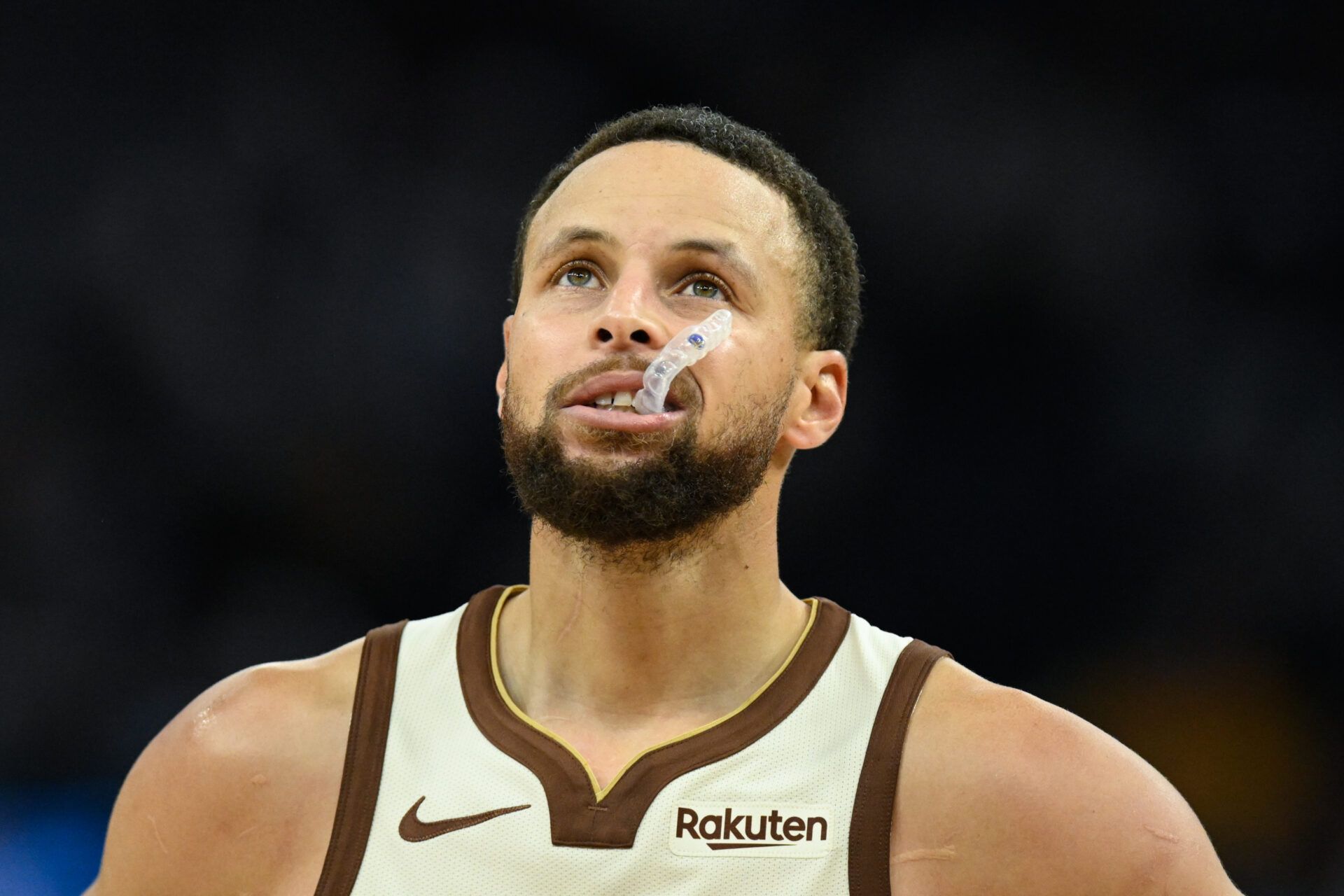 Golden State Warriors guard Stephen Curry (30) looks on against the Orlando Magic in the second quarter at Chase Center.