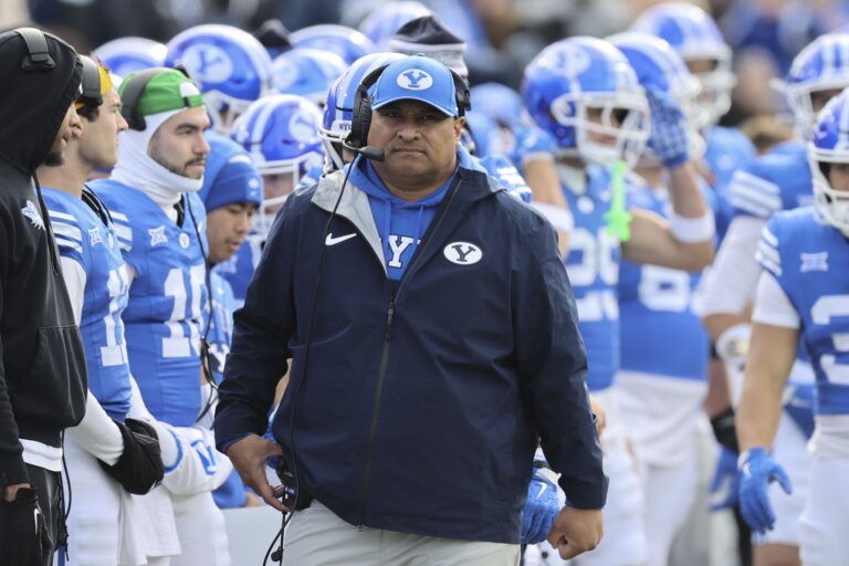 BYU Cougars head coach Kalani Sitake during the first half against the UCF Knights at LaVell Edwards Stadium.