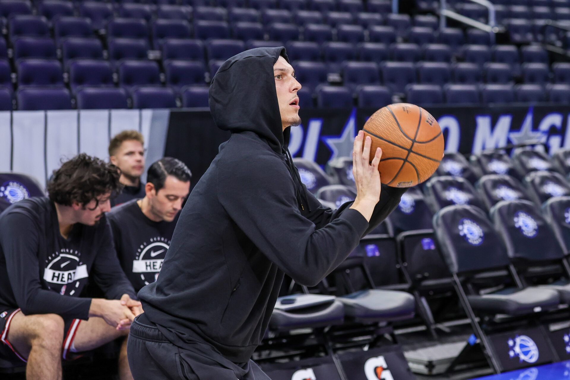 Miami Heat guard Tyler Herro (14) warms up before the game against the Orlando Magic at Kia Center.