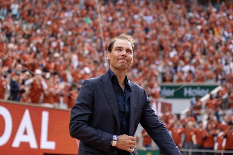 Rafael Nadal of Spain does a final walk around the court during the presentation ceremony paying tribute to his career on a packed Court Philippe Chatrier Courtday on day one at Roland Garros Stadium.