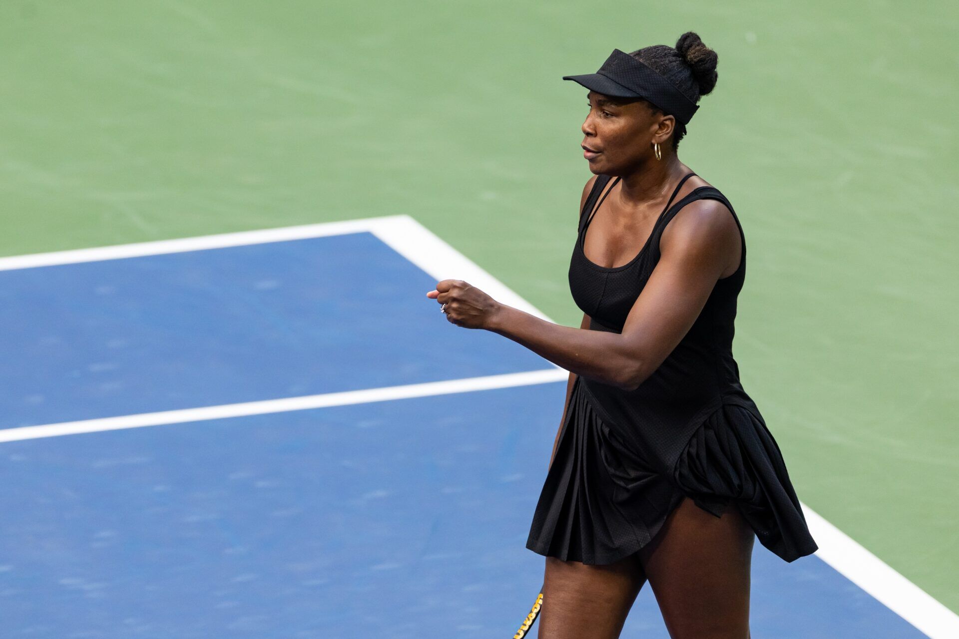 Venus Williams of the United States and Leylah Fernandez of Canada in action against Taylor Townsend of the United States and Katerina Siniakova of Czech Republic in the quarterfinal of the women’s doubles at the US Open at Louis Armstrong Stadium in Billie Jean King National Tennis Center.