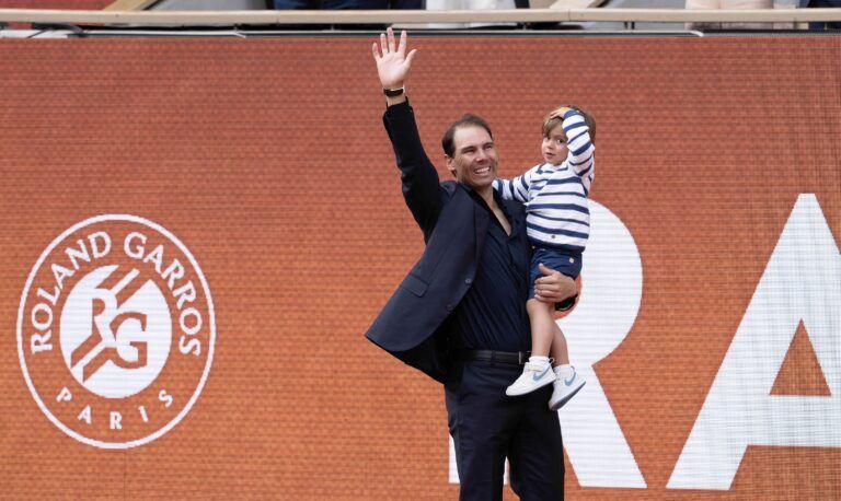 Rafael Nadal of Spain and his son, Rafael Jr. during the presentation ceremony paying tribute to his career on a packed Court Philippe Chatrier Courtday on day one at Roland Garros Stadium.