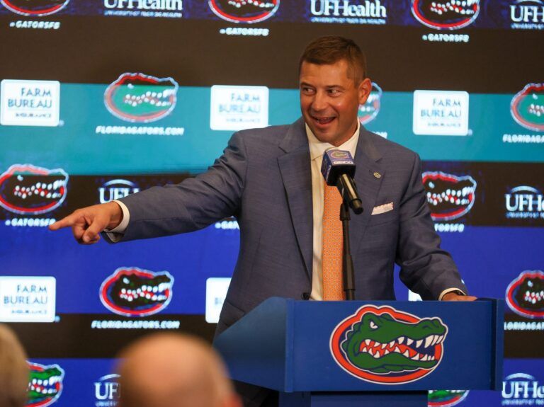 New UF head football coach Jon Sumrall speaks during a press conference at the James W. “Bill” Heavener Football Training Center in Gainesville, FL on Monday, December 1, 2025. [Alan Youngblood/Gainesville Sun]