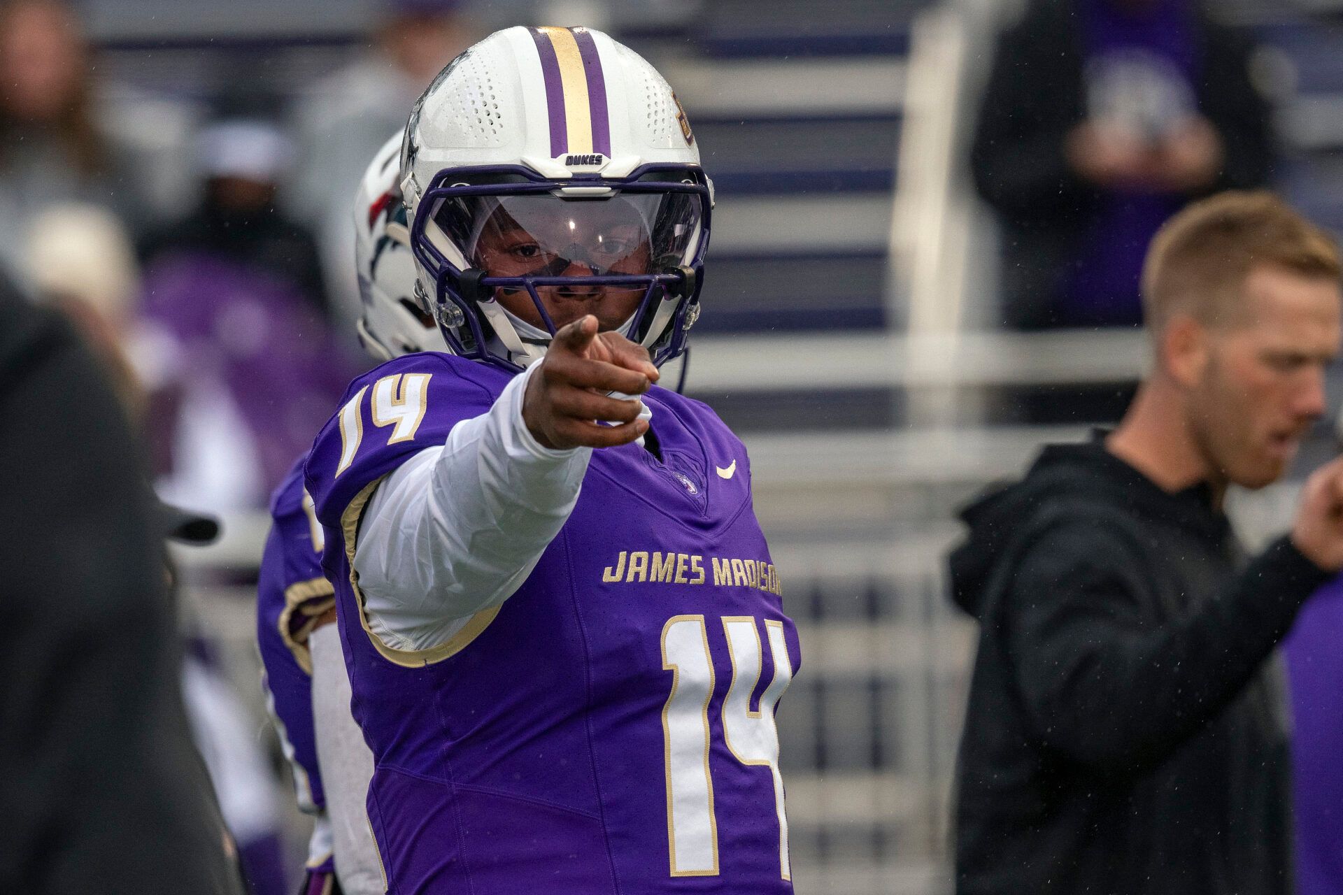 HARRISONBURG, VIRGINIA - NOVEMBER 22: Alonza Barnett III #14 of James Madison Dukes on the field before a game against Washington State Cougars at Bridgeforth Stadium on November 22, 2025 in Harrisonburg, Virginia. (Photo by Brien Aho/Getty Images)