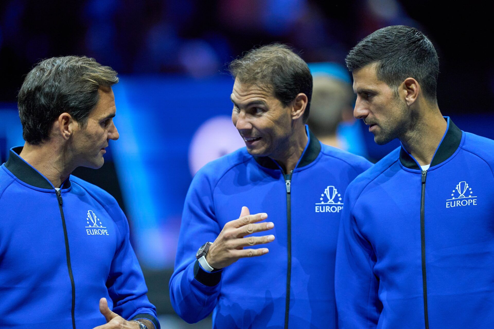 Roger Federer (SUI) and Rafael Nadal (ESP) and Novak Djokovic (SRB) of Team Europe  on court at the opening of the Laver Cup tennis event.