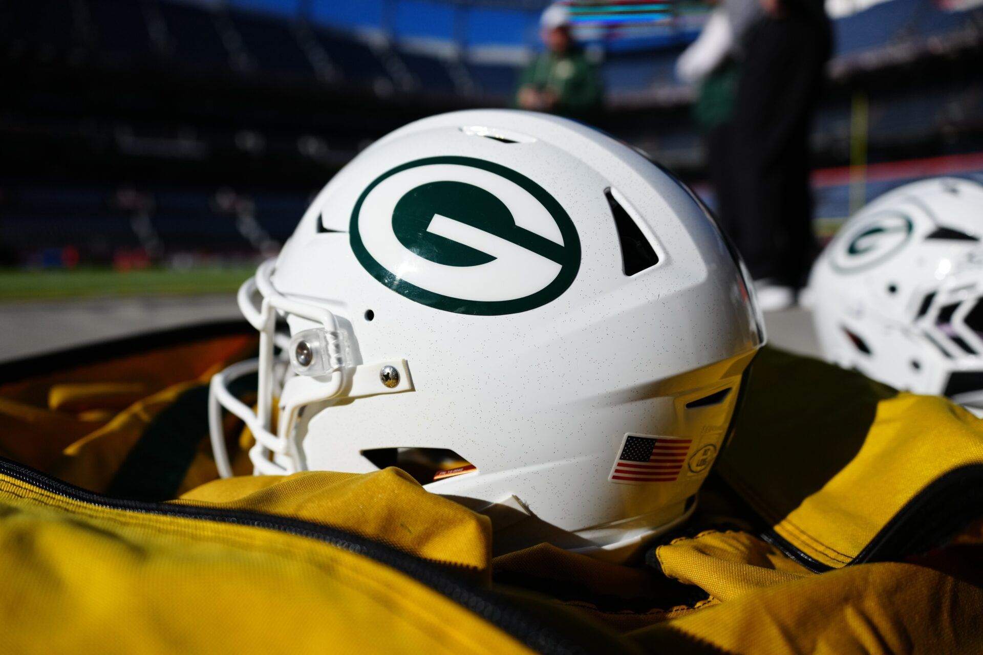 General view of Green Bay Packers helmets before the game against the Denver Broncos at Empower Field at Mile High.