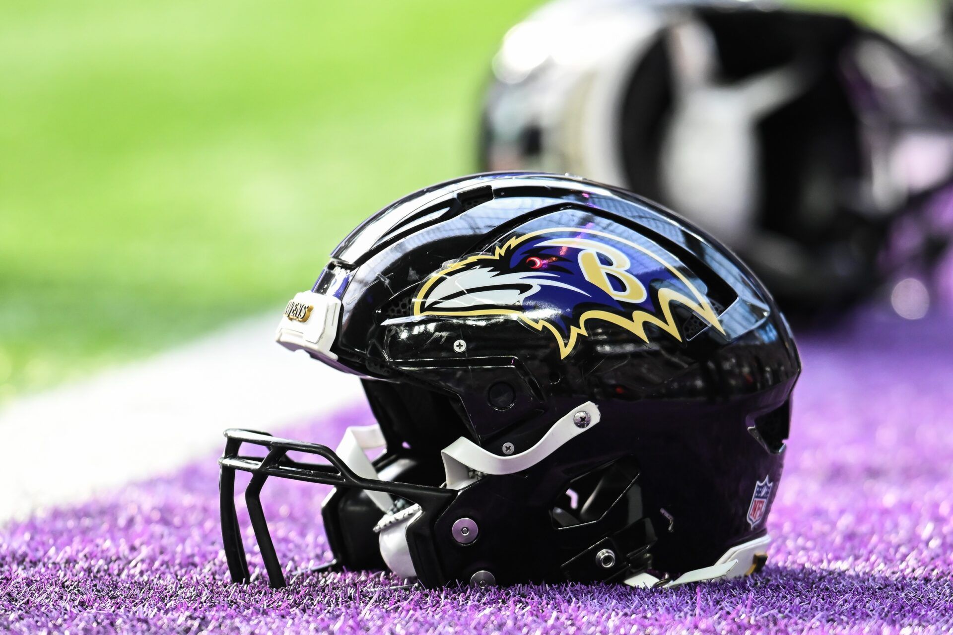 A general view of the Baltimore Ravens helmet before the game between the Minnesota Vikings and the Ravens at U.S. Bank Stadium.