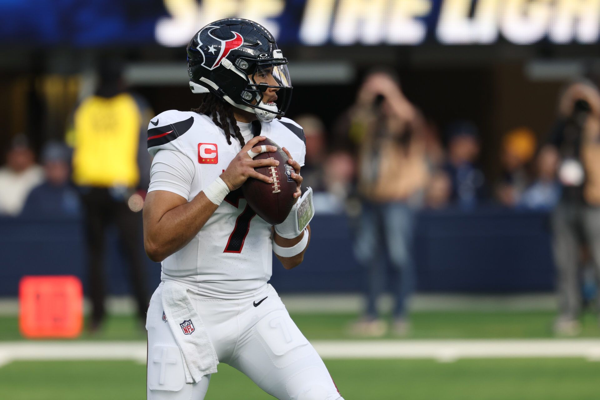 Houston Texans quarterback C.J. Stroud (7) stands in the pocket against the Los Angeles Chargers during the first half at SoFi Stadium.
