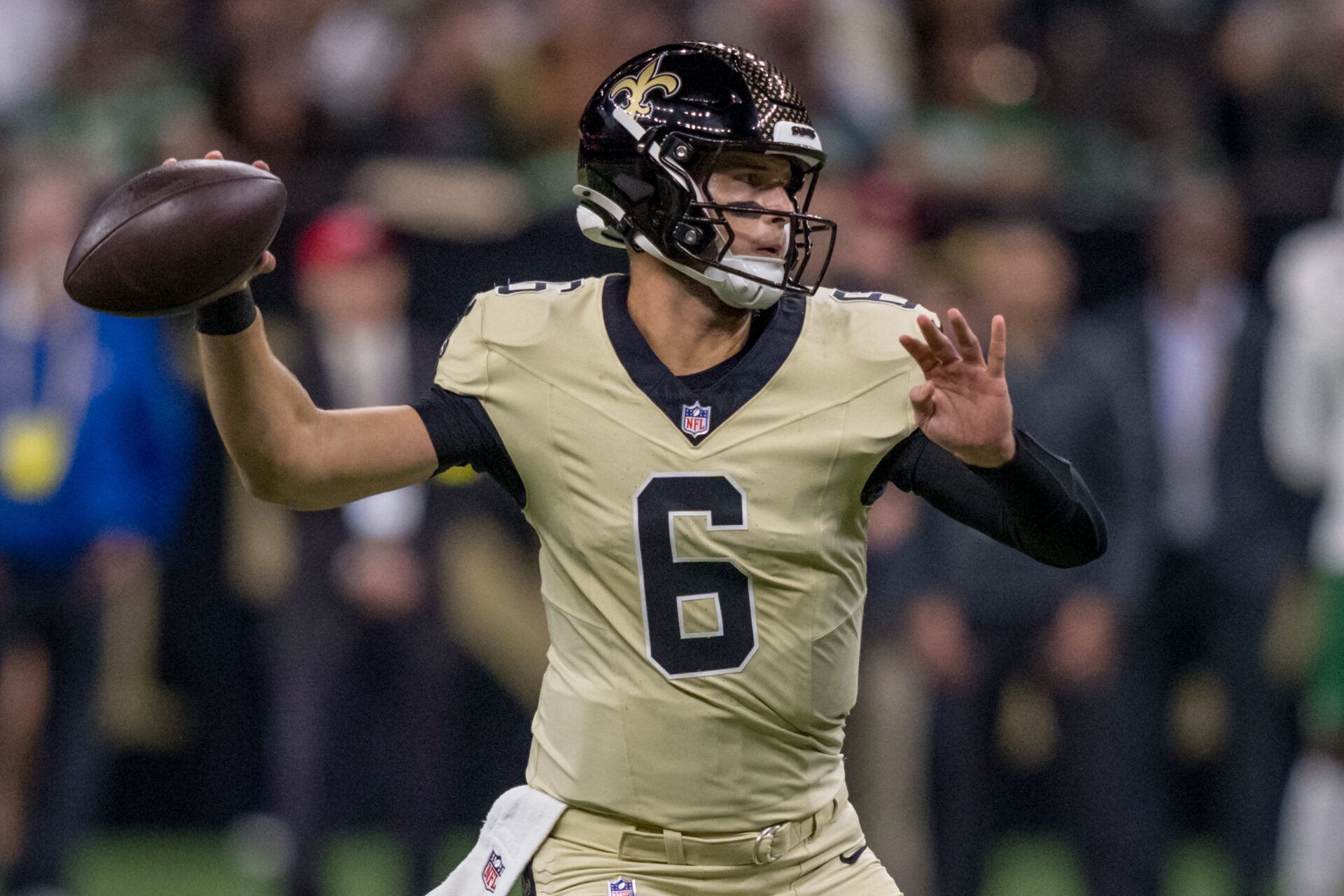 New Orleans Saints quarterback Tyler Shough (6) throws against the New York Jets during the first half at Caesars Superdome.