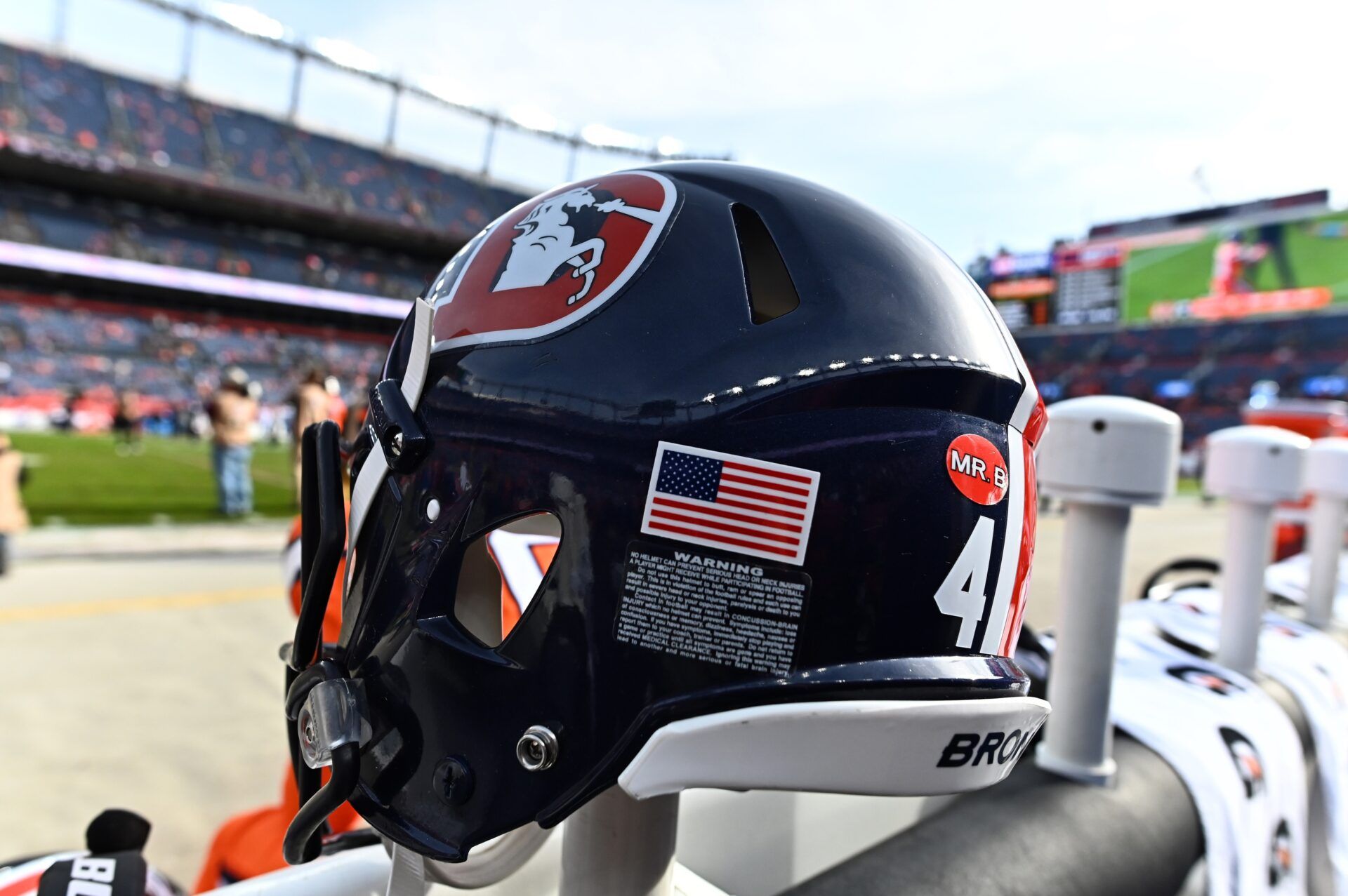 General view of a Denver Broncos helmet before the game against the Detroit Lions at Empower Field at Mile High.