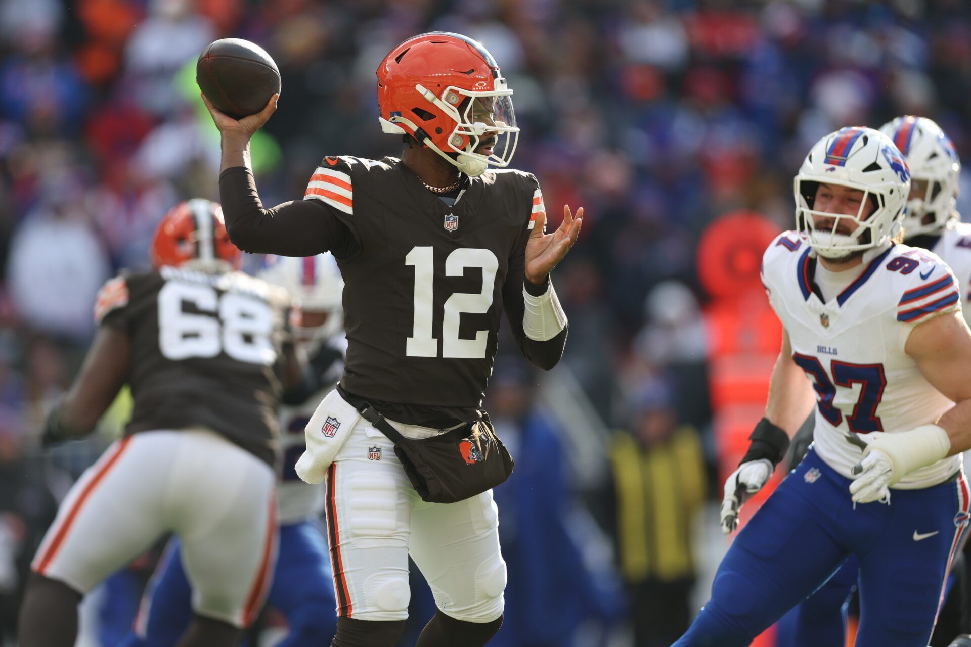 Cleveland Browns quarterback Shedeur Sanders (12) passes the ball against the Buffalo Bills during the first half at Huntington Bank Field.