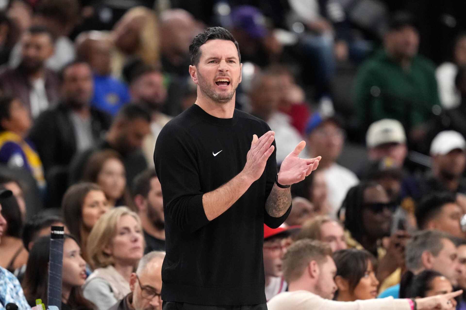 Los Angeles Lakers Head Coach JJ Redick reacts in the first half against the LA Clippers at Intuit Dome.