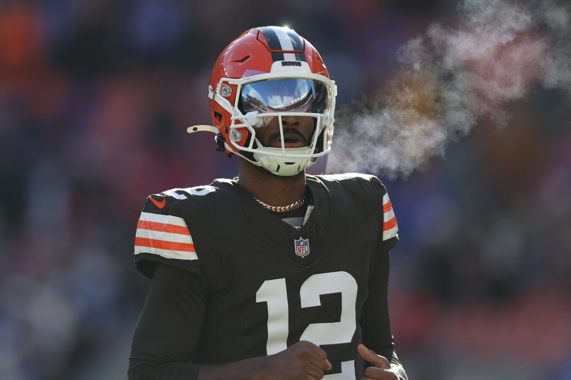Cleveland Browns quarterback Shedeur Sanders (12) warms up prior to a game against the Buffalo Bills at Huntington Bank Field.