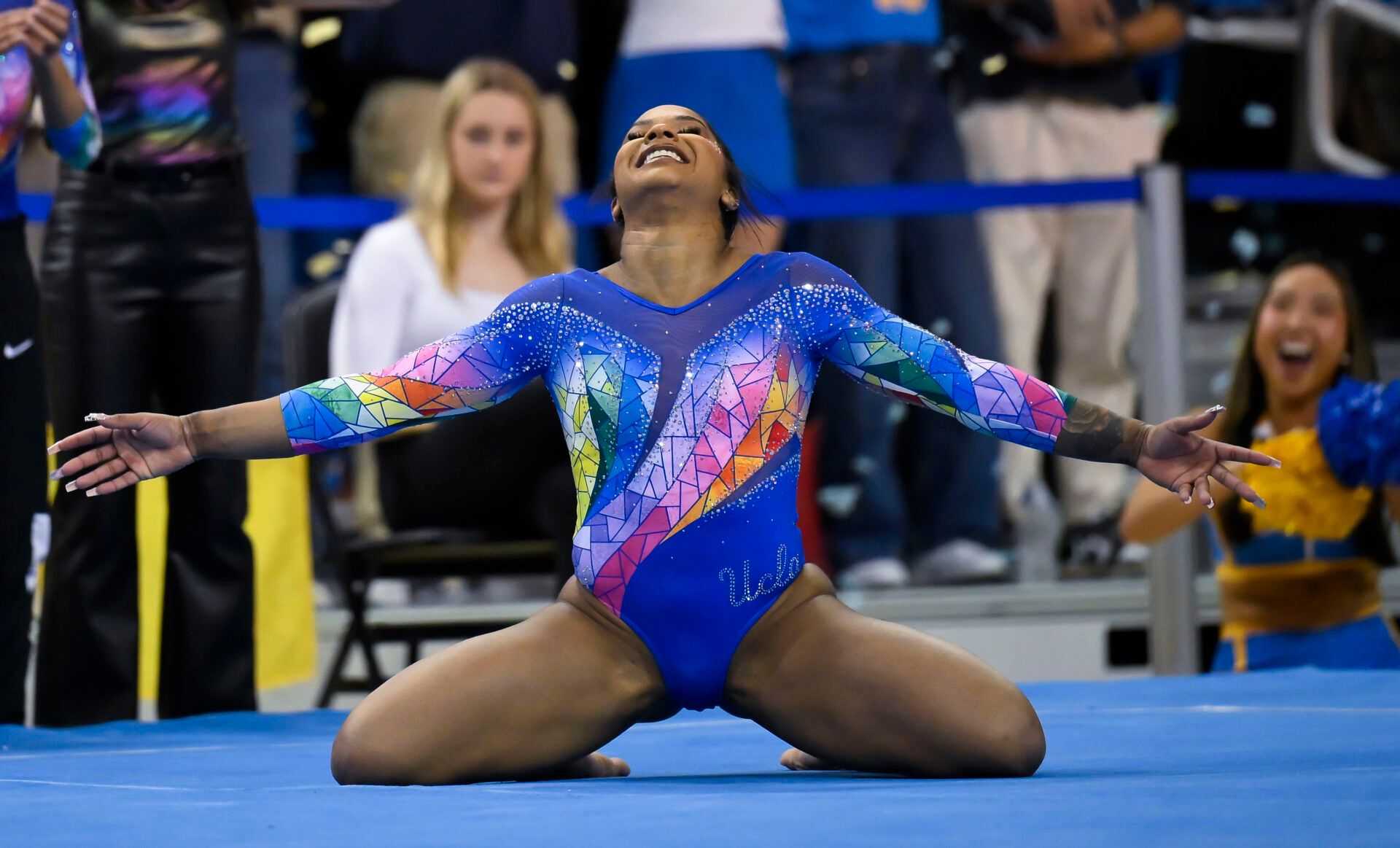 UCLA gymnast Jordan Chiles is all smiles at the conclusion of her floor exercise performance during a NCAA gymnastics meet against Penn State at Pauley Pavilion presented by Wesco.