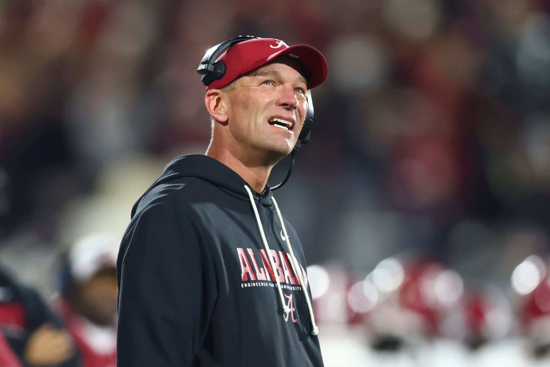 Alabama Crimson Tide head coach Kalen Deboer looks on from the sidelines in the first half against the Oklahoma Sooners at Gaylord Family OK Memorial Stadium.