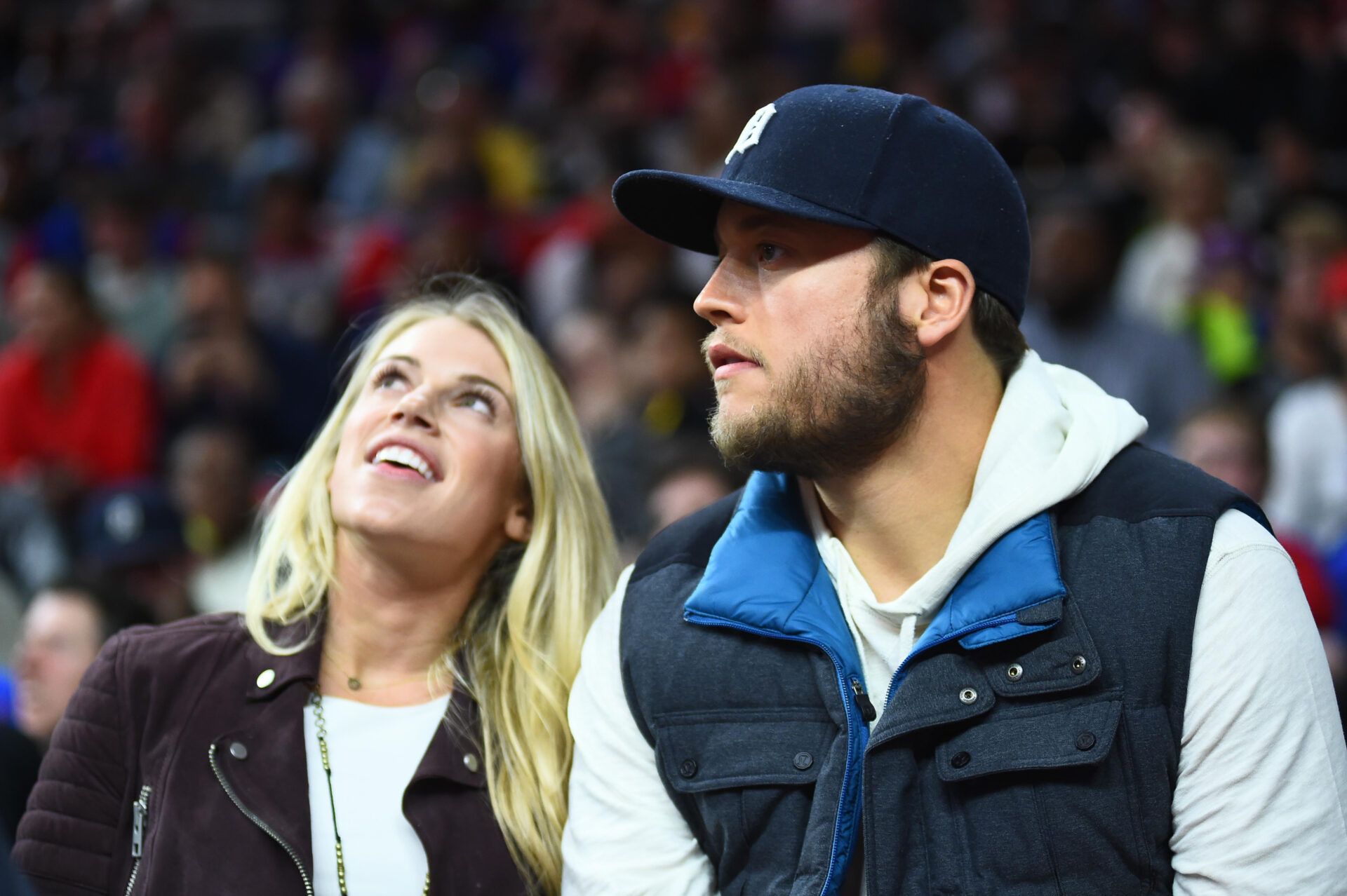 Detroit Lions quarterback Matthew Stafford with wife Kelly Stafford during the game between the Detroit Pistons and the Cleveland Cavaliers at The Palace of Auburn Hills.