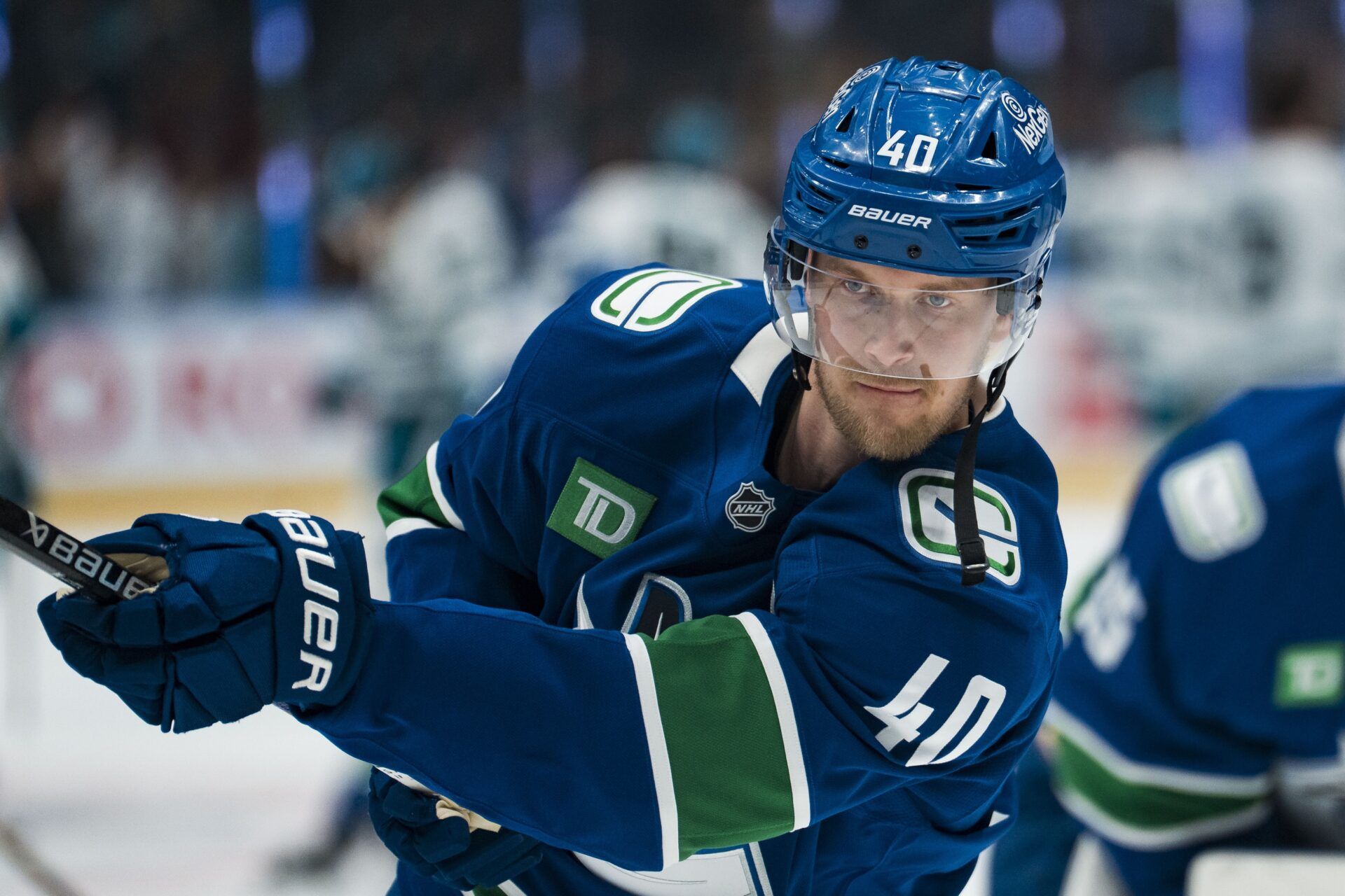 Vancouver Canucks forward Elias Pettersson (40) shoots in warm up prior to a game against the San Jose Sharks at Rogers Arena.