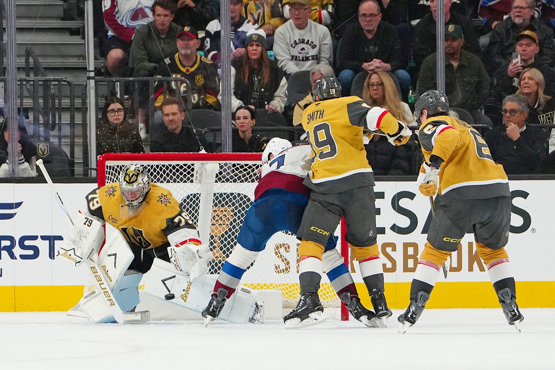 Vegas Golden Knights goaltender Carter Hart (79) makes a save against the Colorado Avalanche during an overtime period at T-Mobile Arena.