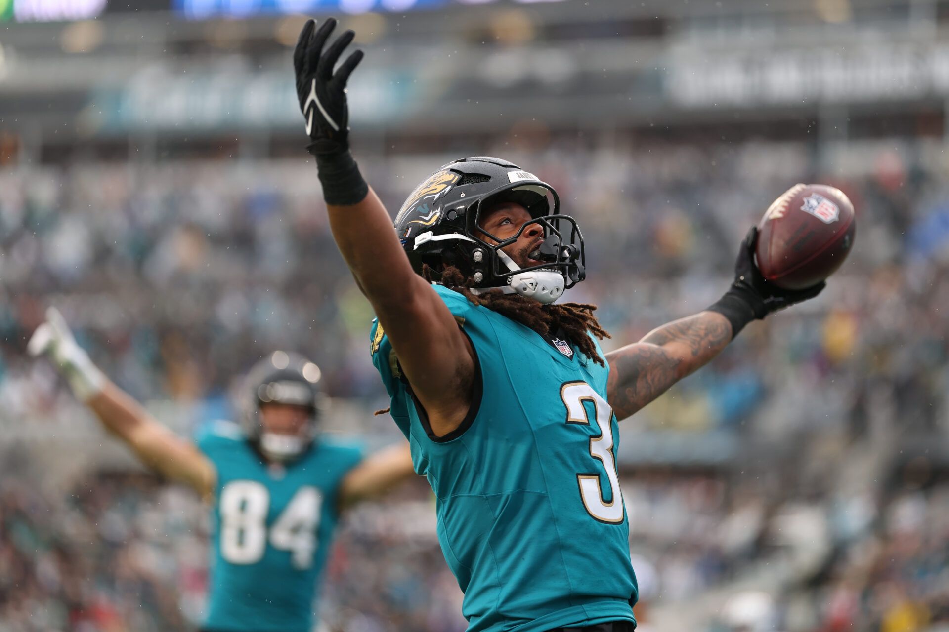 Jacksonville Jaguars wide receiver Jakobi Meyers (3) reacts after scoring a touchdown against the Indianapolis Colts during the first half at EverBank Stadium.