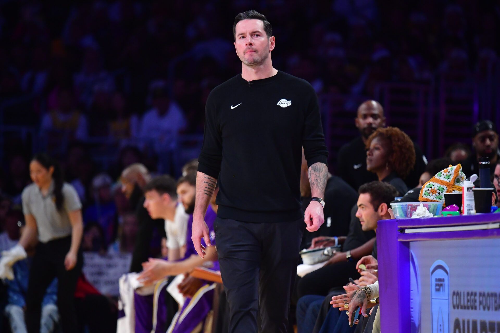 Los Angeles Lakers head coach JJ Redick watches game action against the Houston Rockets during the first half at Crypto.com Arena.