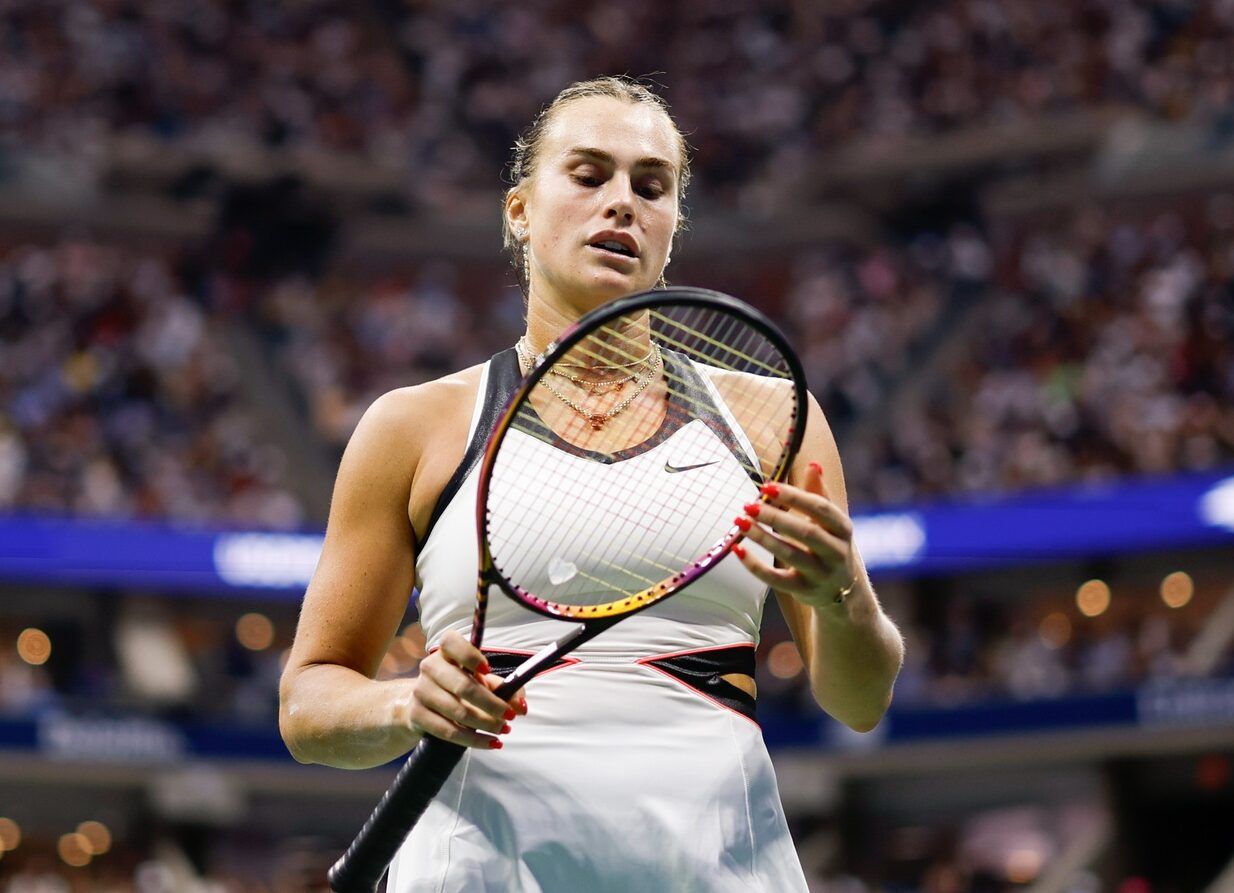 Aryna Sabalenka looks at her racket in the women's singles final against Amanda Anisimova (USA) (not pictured) of the 2025 US Open tennis championships at Billie Jean King National Tennis Center.