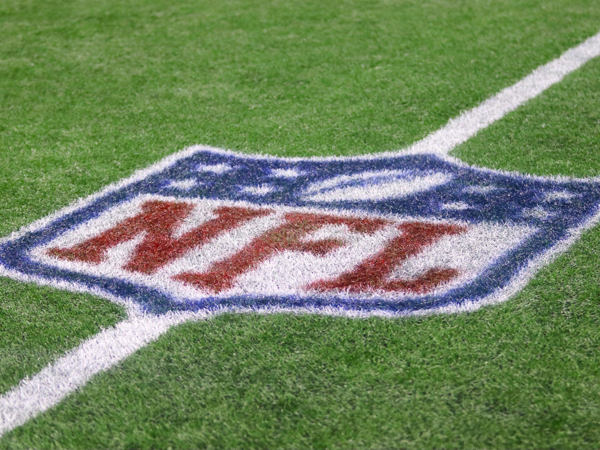 The shield logo of the National Football League (NFL), as pictured on the field at Gillette Stadium in Foxboro, MA on Dec. 5, 2025.