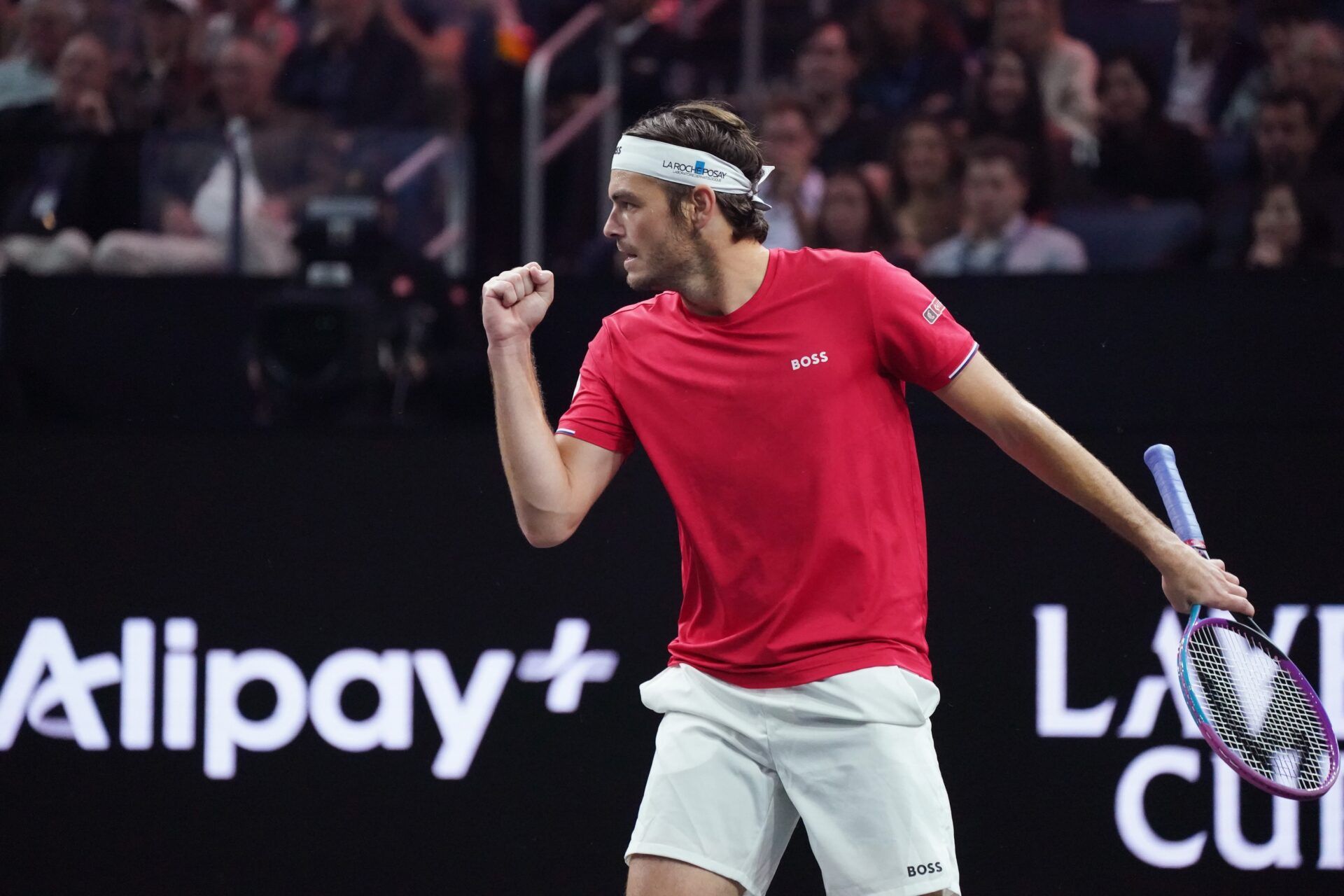 Team World player Taylor Fritz celebrates after winning a point against Team Europe player Carlos Alcaraz at the Laver Cup at Chase Center.