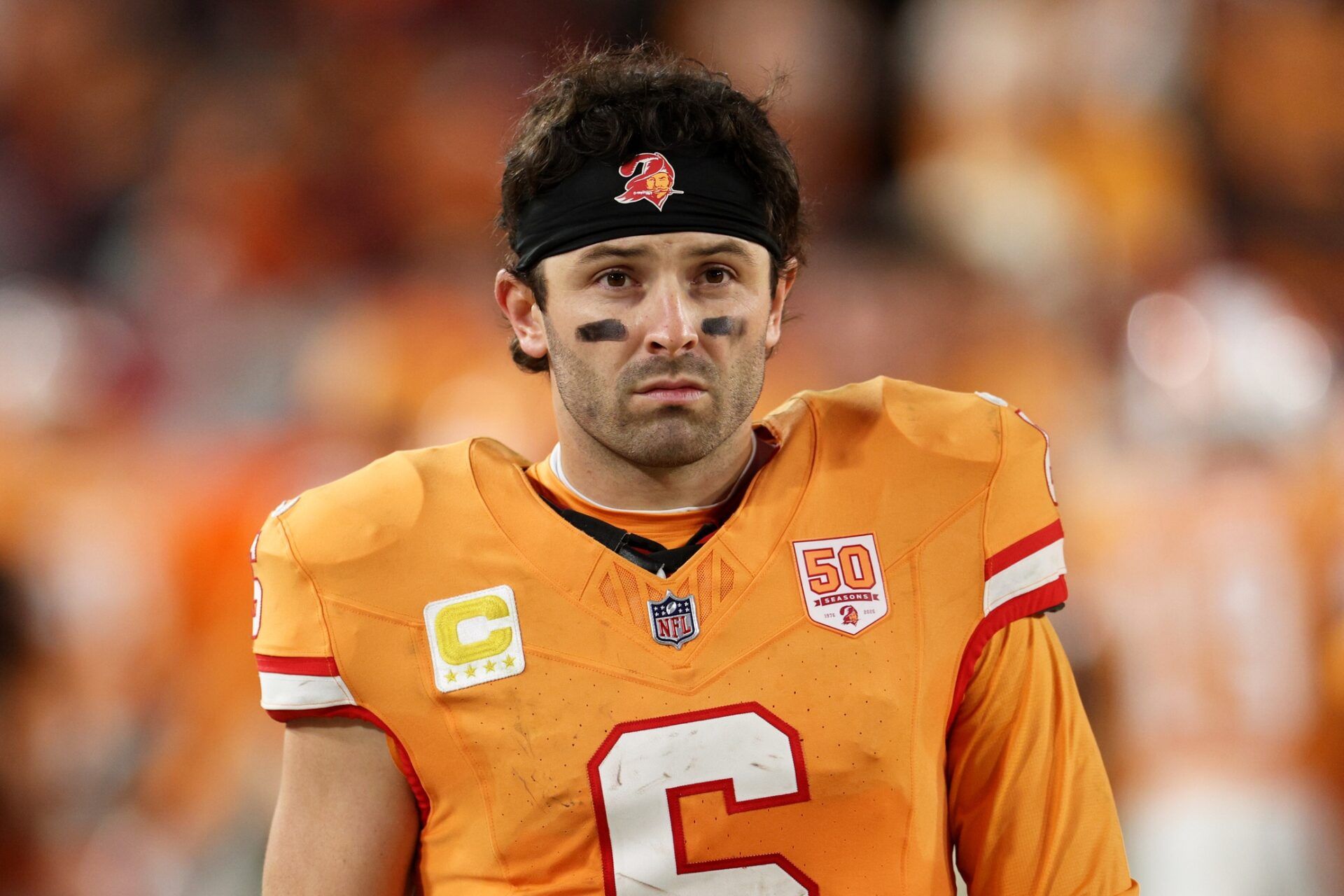 Tampa Bay Buccaneers quarterback Baker Mayfield (6) looks on against the Atlanta Falcons during the fourth quarter at Raymond James Stadium.