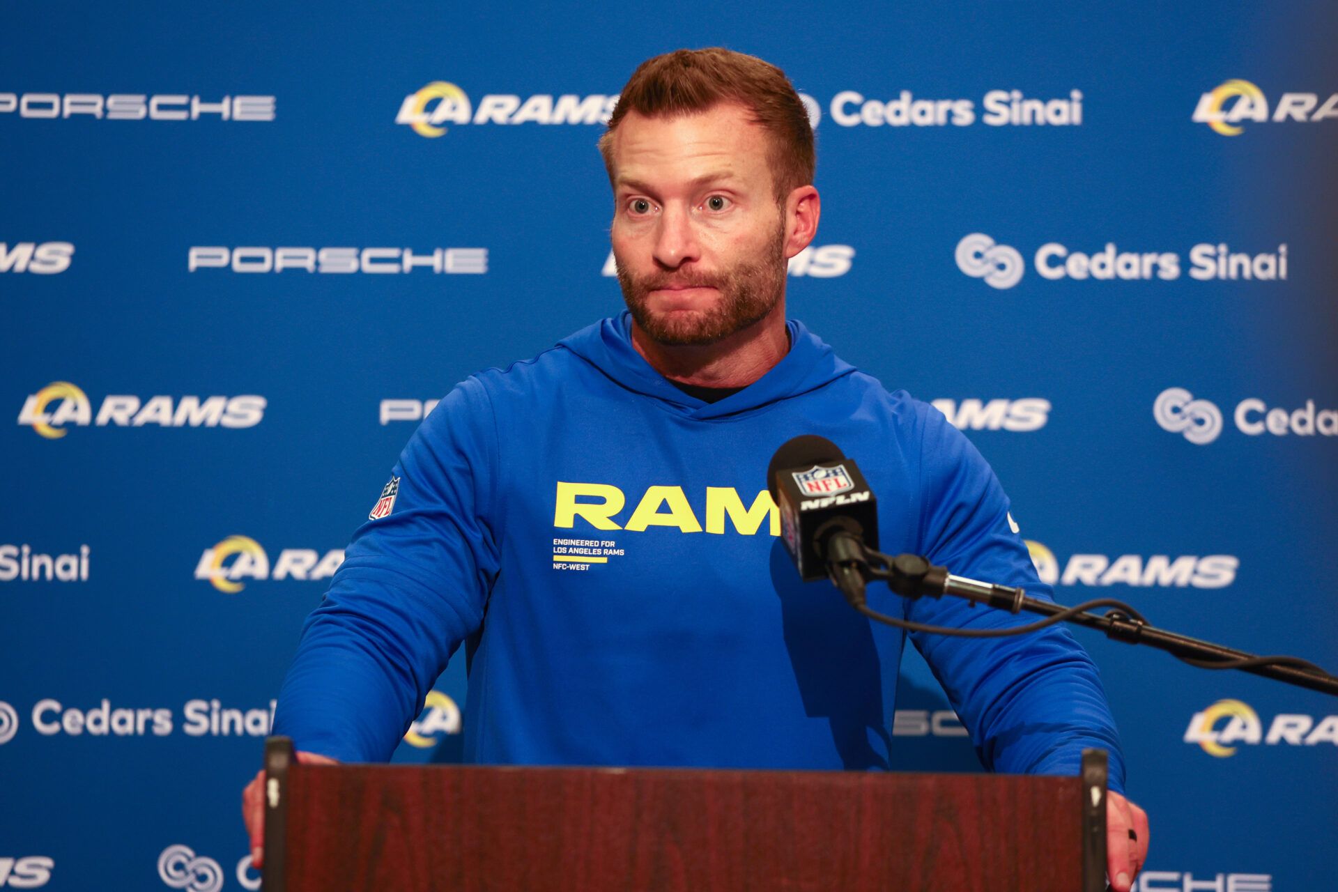 Los Angeles Rams head coach Sean McVay speaks in a press conference after a game against the Seattle Seahawks at Lumen Field.