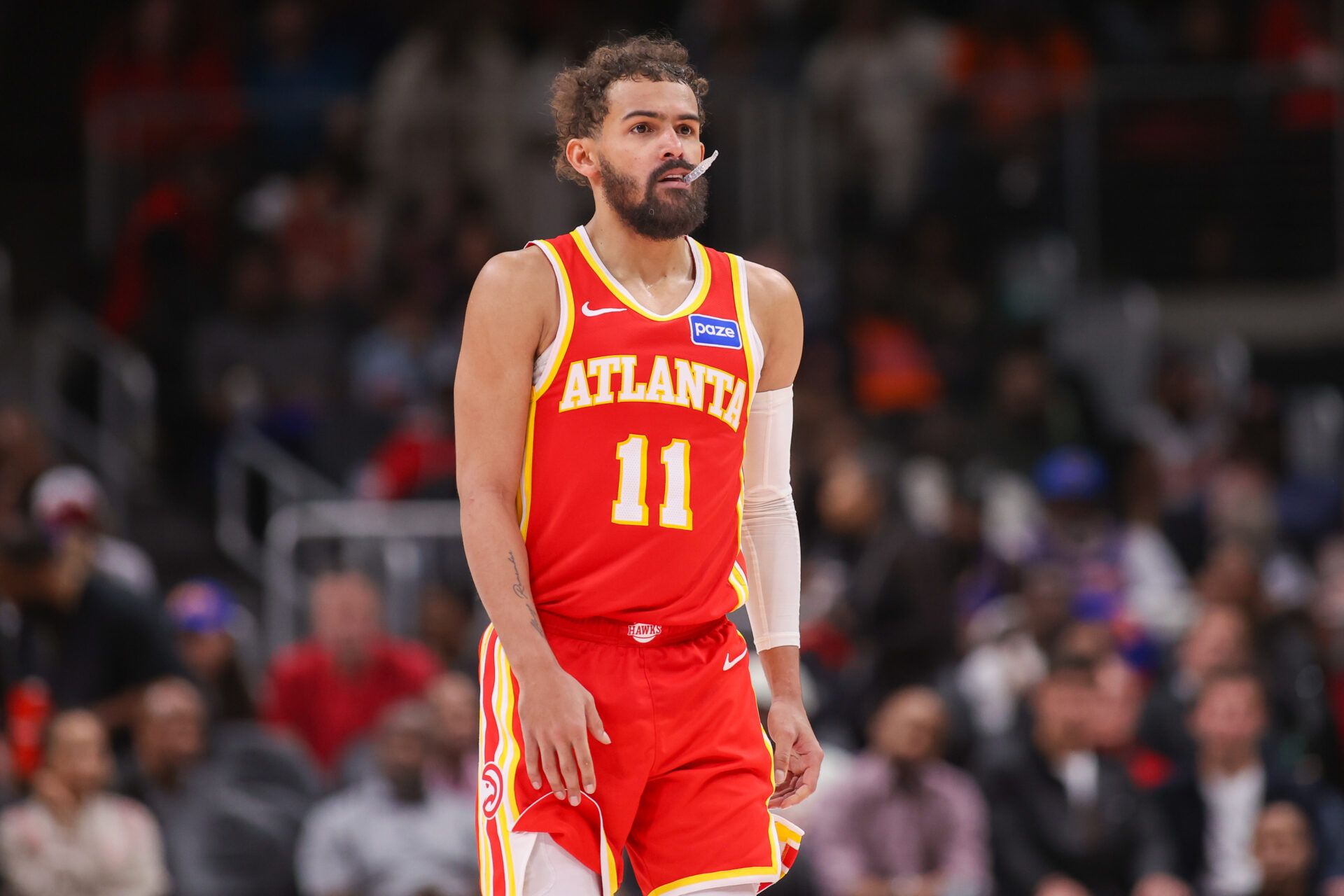 Atlanta Hawks guard Trae Young (11) in action against the New York Knicks in the fourth quarter at State Farm Arena.