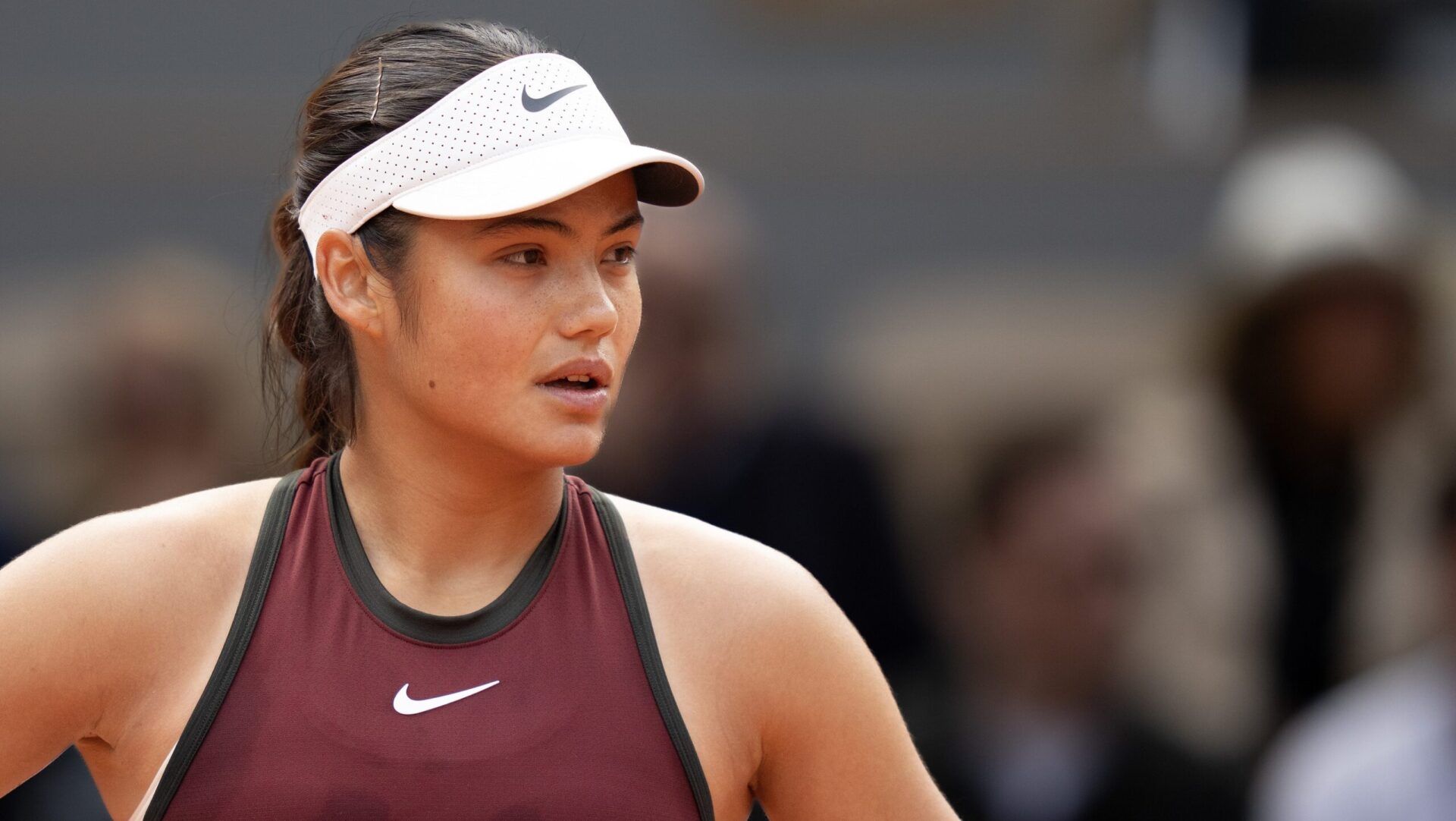 Emma Raducanu of Great Britain during her match against Iga Swiatek of Poland on day four at Roland Garros Stadium.