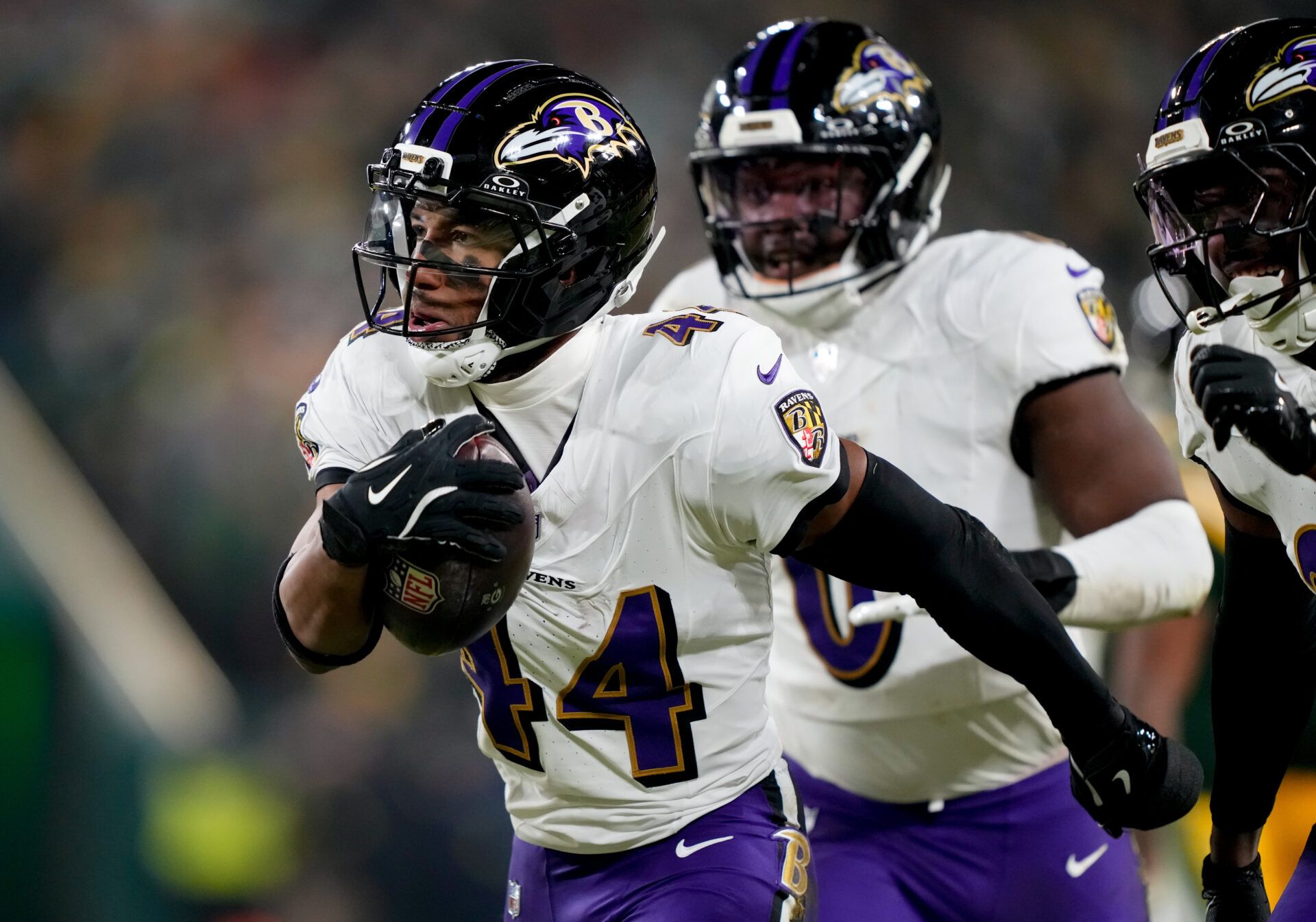 Baltimore Ravens cornerback Marlon Humphrey (44) reacts after intercepting a pass during the fourth quarter against the Green Bay Packers at Lambeau Field.