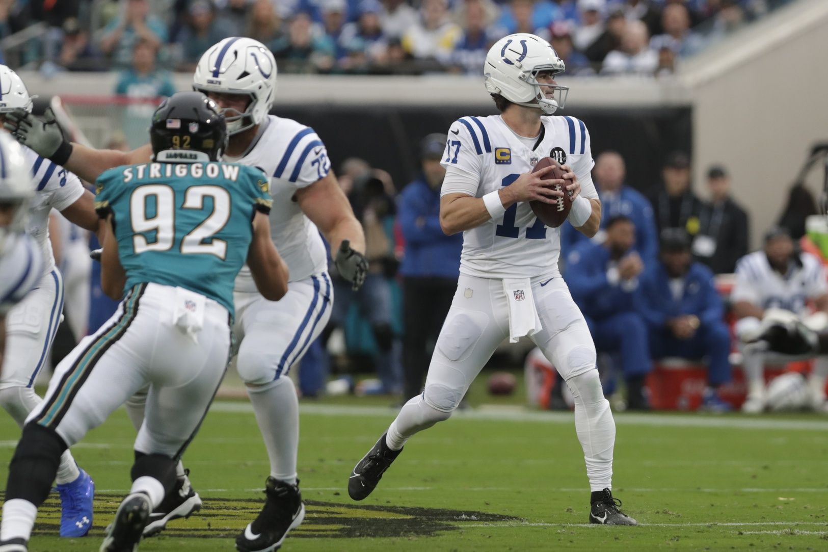 Indianapolis Colts quarterback Daniel Jones (17) stands in the pocket against the Jacksonville Jaguars during the first half at EverBank Stadium.