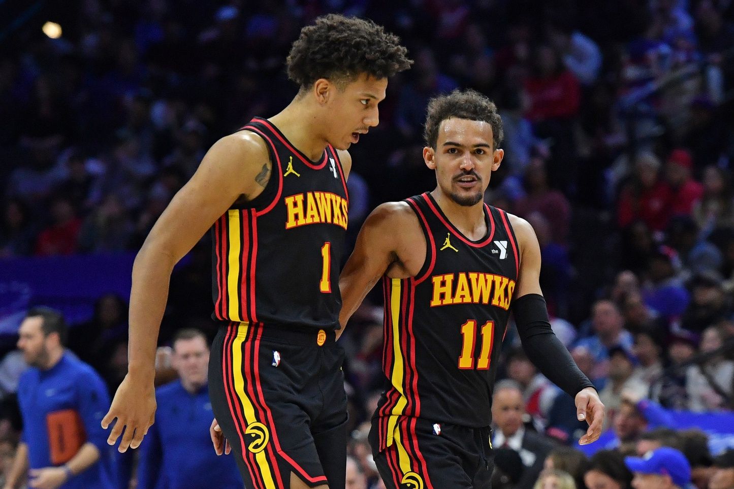 Atlanta Hawks forward Jalen Johnson (1) and guard Trae Young (11) against the Philadelphia 76ers during the fourth quarter at Wells Fargo Center.