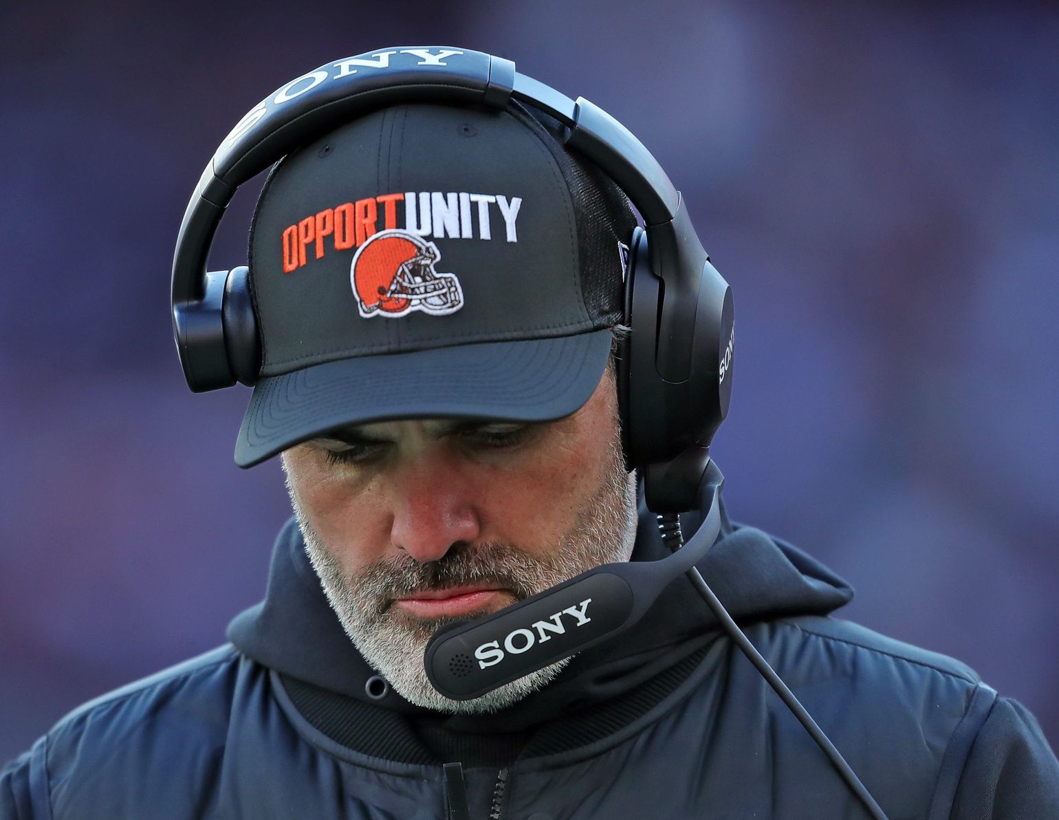 Cleveland Browns coach Kevin Stefanski hangs his head during the second half as his team trails the Buffalo Bills on Dec. 21, 2025, in Cleveland.