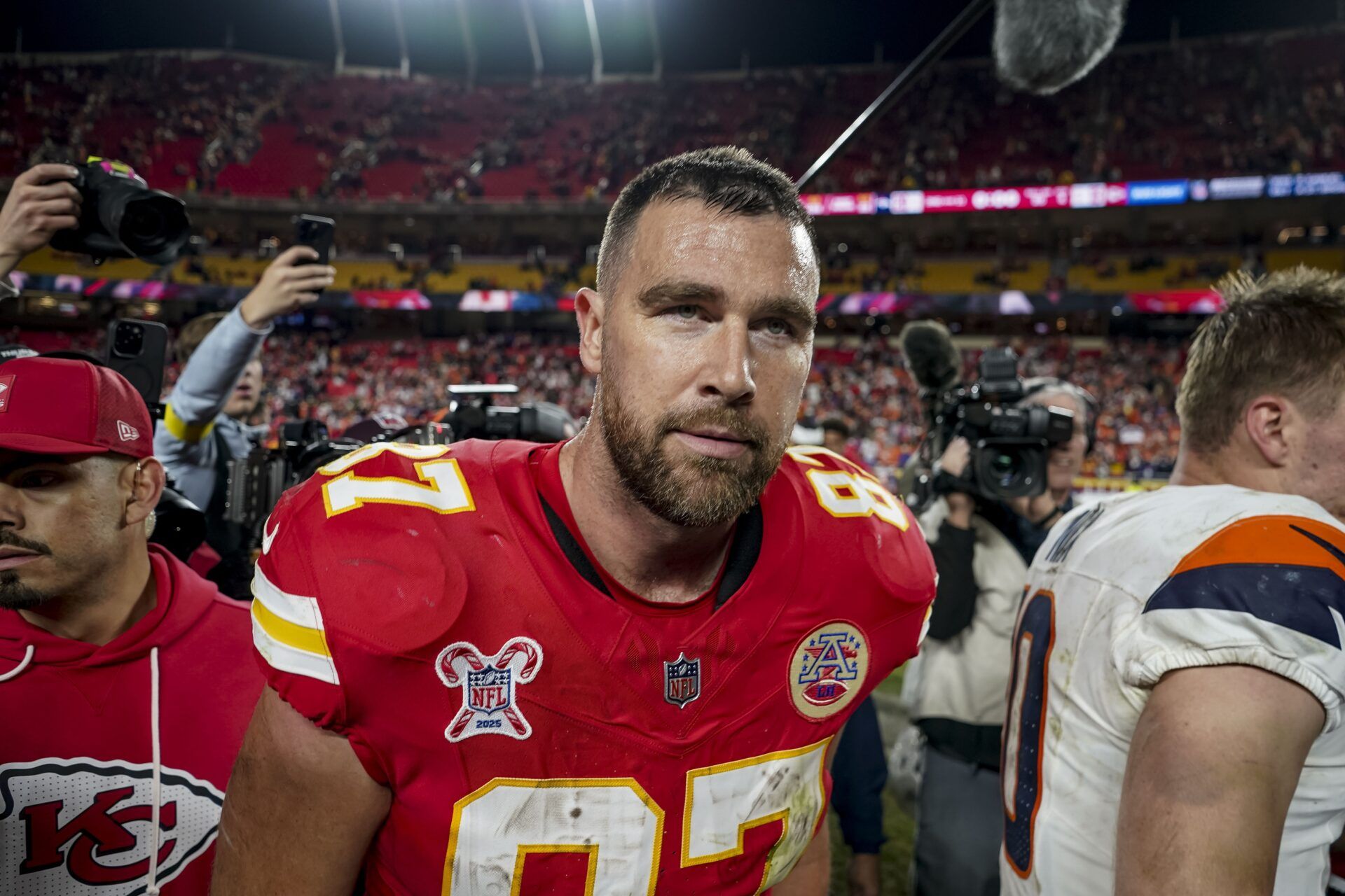 Kansas City Chiefs tight end Travis Kelce (87) after the game at GEHA Field at Arrowhead Stadium.