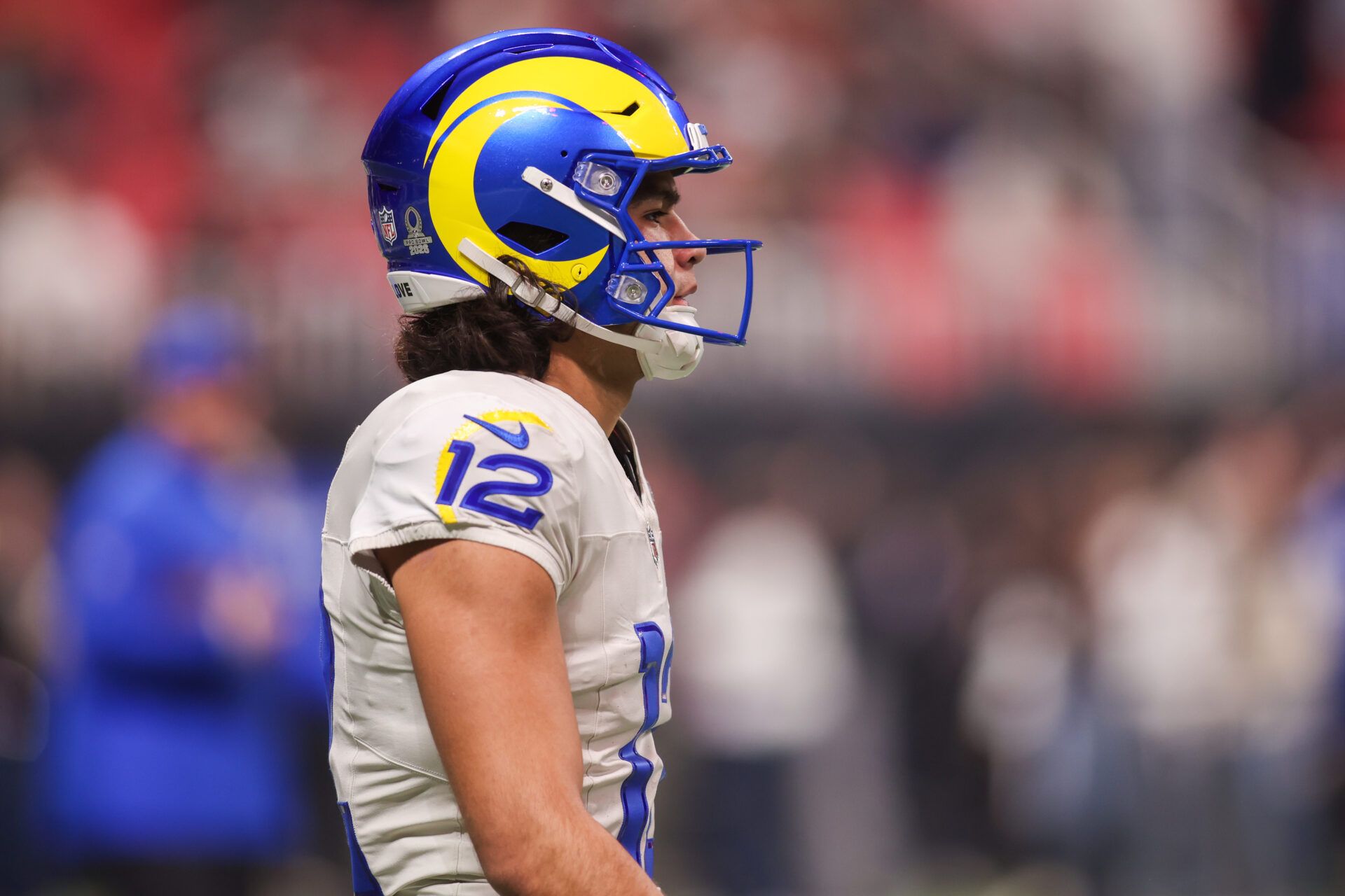 Los Angeles Rams wide receiver Puka Nacua (12) warms up before a game against the Atlanta Falcons at Mercedes-Benz Stadium.