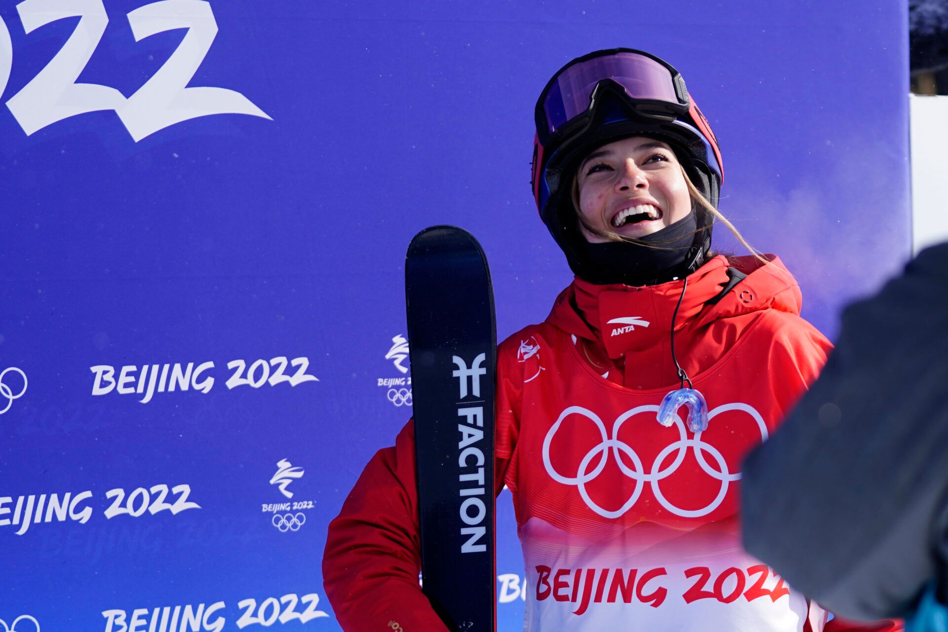 Ailing Eileen Gu (CHN) reacts in the Freestyle Skiing Womens Halfpipe Final Run 2 during the Beijing 2022 Olympic Winter Games at Genting Snow Park.